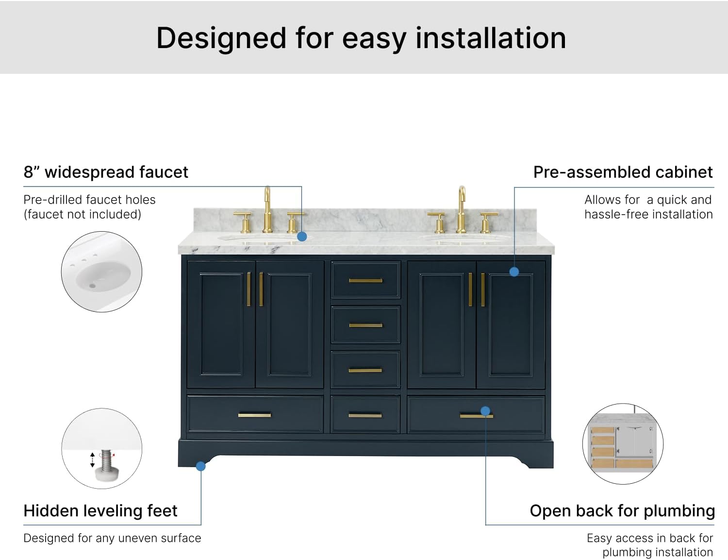 ARIEL Stafford 60-inch Bathroom Vanity with Sink,Solid Wood, 1.5-inch Italian Carrara Marble Countertop, Double Oval Porcelain Sink, 4 Soft Closing Doors, 6 Dovetail Drawers, Midnight Blue