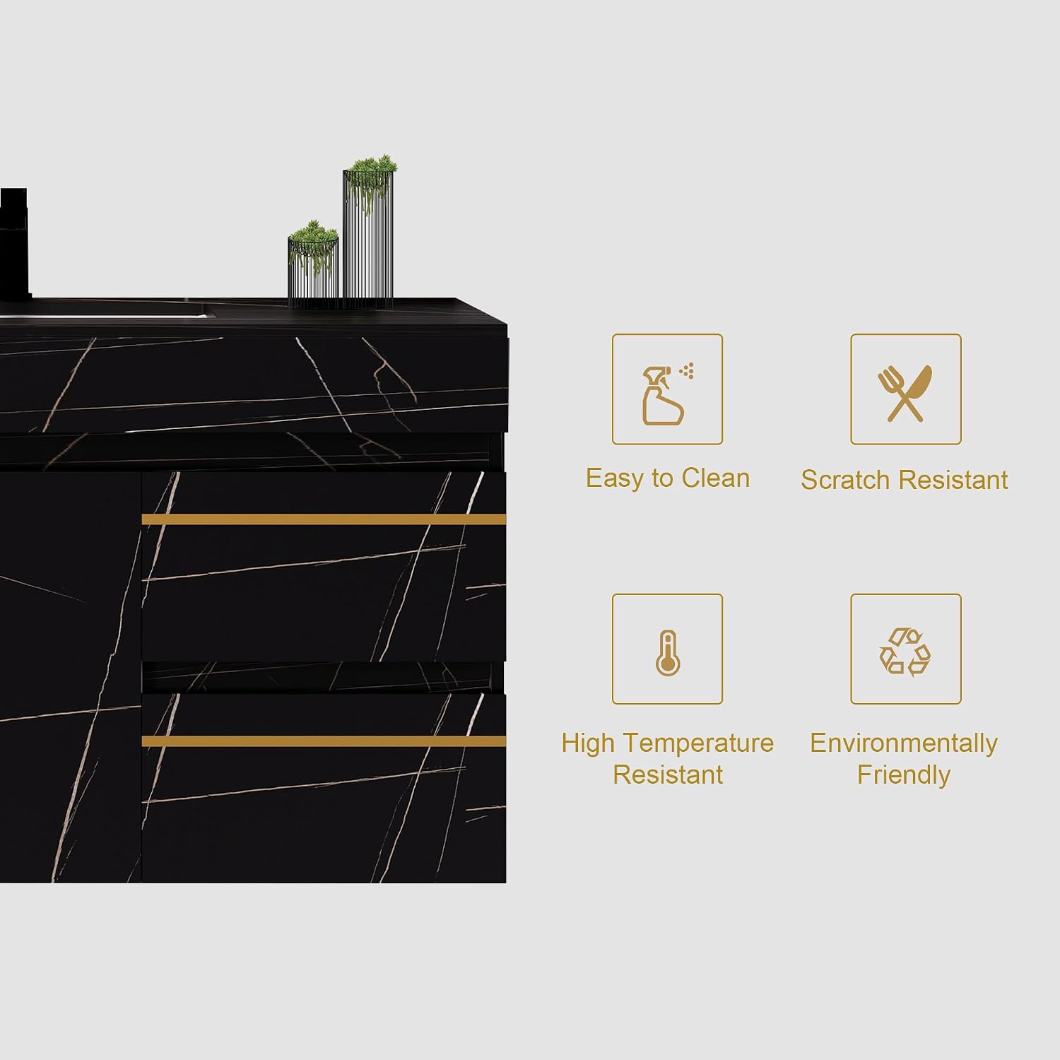36 inch Bathroom Vanity with Ceramic Sink and Sinter Stone Marble Counter Top Modern Black Wall Mounted Floating Bathroom Sink Cabinet with 2 Drawers, 1 Cupboard and Gold Metal