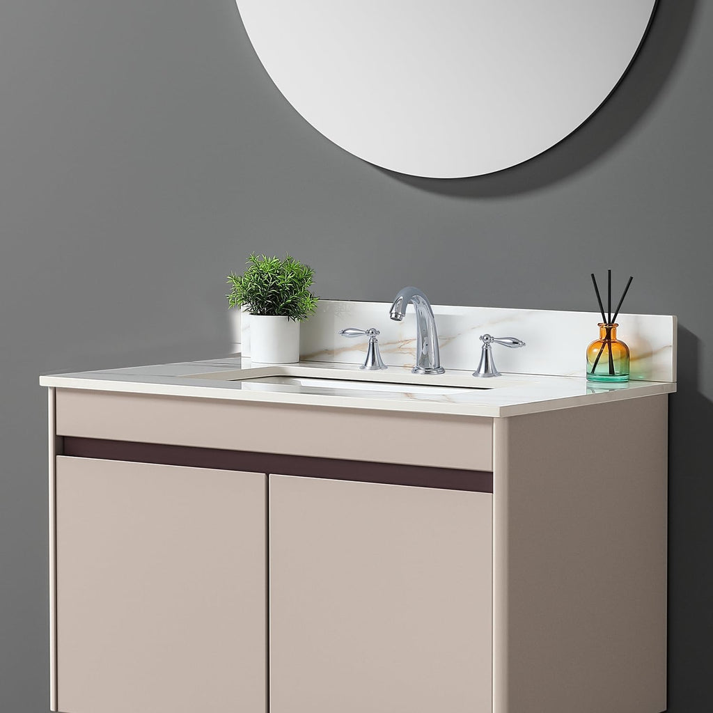 31' Bathroom Vanity Top with Ceramic Undermount Sink & Backsplash,Calacatta Gold Sintered Stone Counter Top, 3 Holes Vanity Sink Top