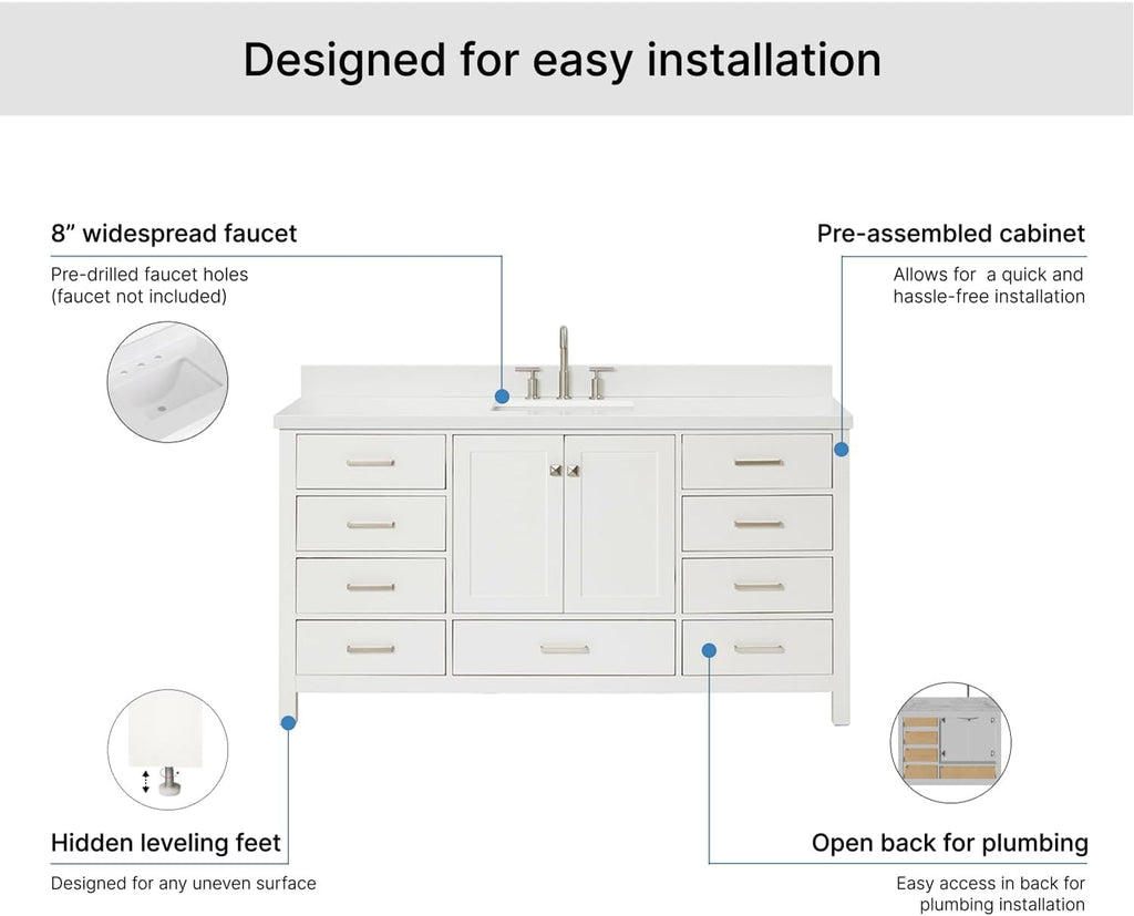 ARIEL Cambridge 66-inch Bathroom Vanity with Sink,Solid Wood, 1.5-inch Pure White Quartz Countertop & Backsplash, Single Rectangular Porcelain Sink, 2 Soft Closing Doors, 9 Dovetail Drawers, White