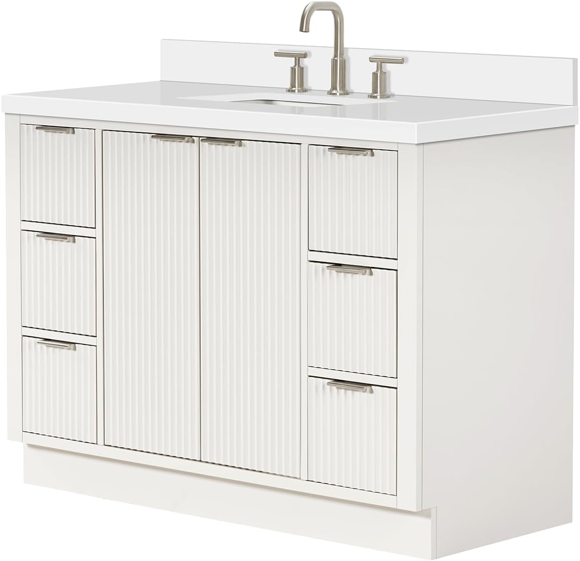 ARIEL Milan 48-inch Bathroom Vanity with Sink,Solid Wood, 1.5-inch Pure White Quartz Countertop & Backsplash, Single Rectangular Porcelain Sink, 2 Soft Closing Doors, 6 Dovetail Drawers, Warm White
