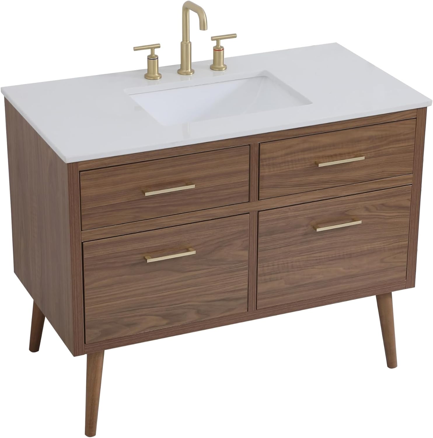 42' Pre-Assembled Bathroom Vanity with Sink, Engineered Wood, Ivory White Engineered Marble Countertop Attached, Single Rectangle Porcelain Sink, 2 Soft-Close Drawers, Walnut Brown
