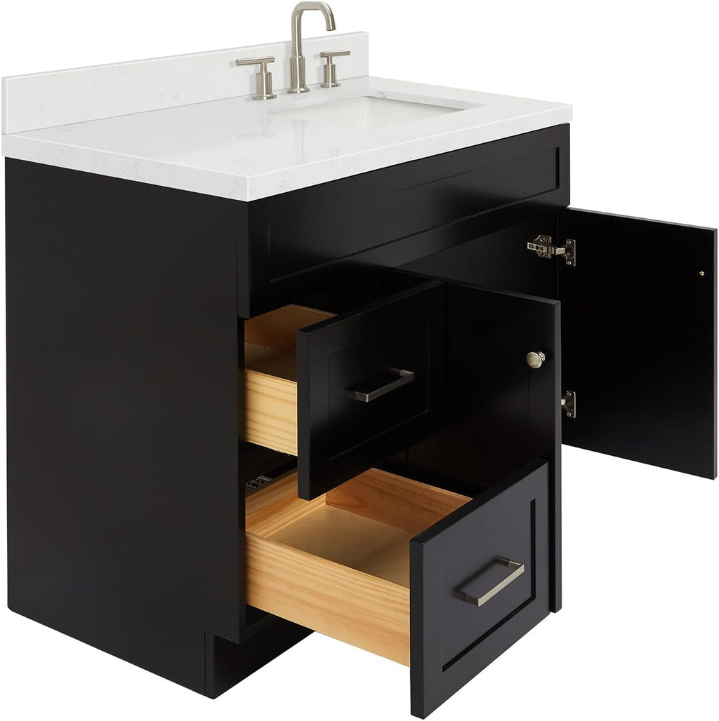DKB Bradford 42-Inch Black Single Bathroom Vanity with Right Rectangular Undermount Sink, 1.5' Carrara Quartz Countertop, Solid Wood Frame, 2 Soft-Closing Doors, 2 Drawers, Toe Kick, Brushed Nickel