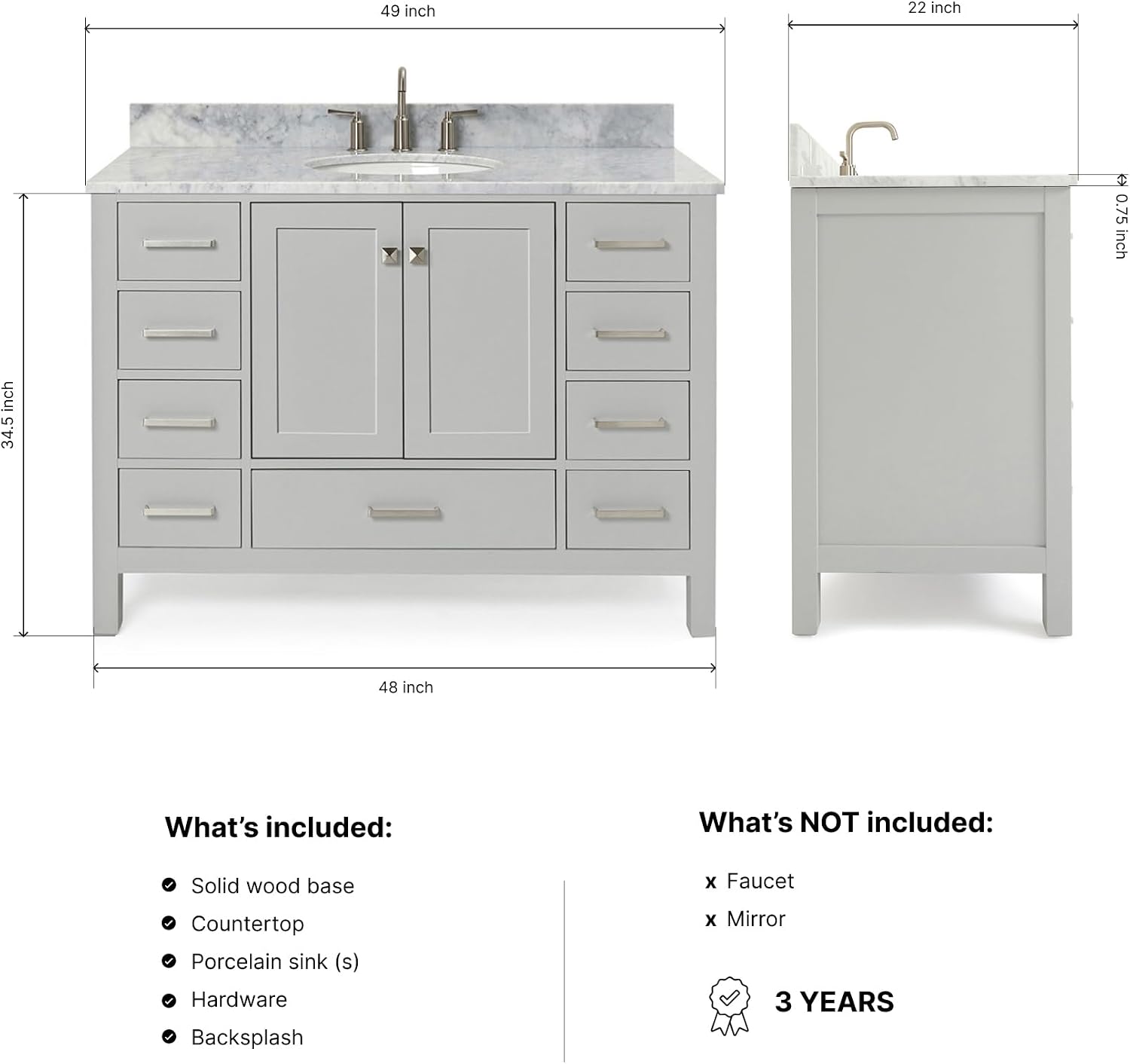 ARIEL Cambridge 48-inch Bathroom Vanity with Sink,Solid Wood, 0.75-inch Italian Carrara Marble Countertop & Backsplash, Single Oval Porcelain Sink, 2 Soft Closing Doors, 9 Dovetail Drawers, Grey