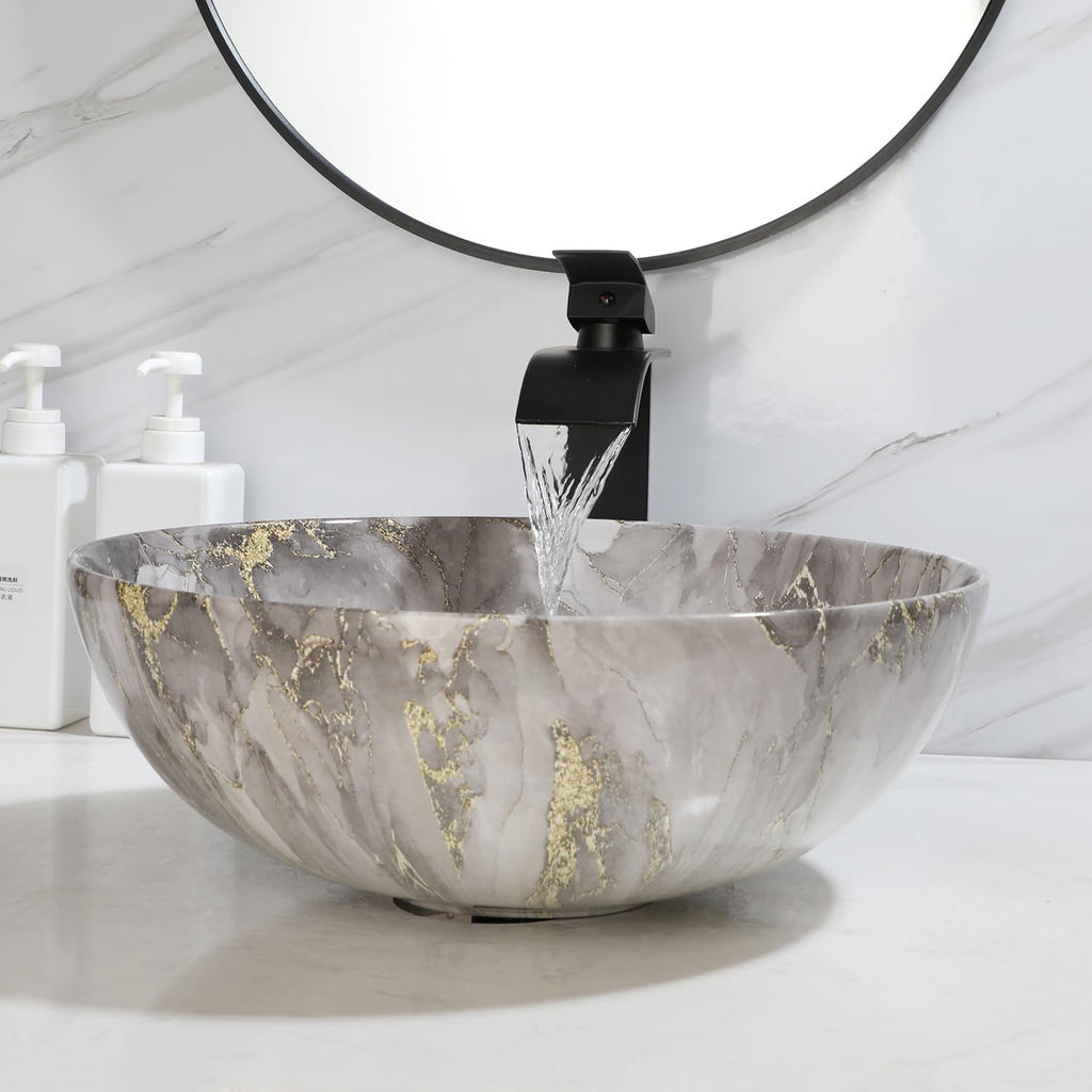 Marbling Small Vessel Sink With Black Faucet And Drain Combo Round Ceramic Basin Bowls Above Counter Bowl Sinks for Bathrooms Countertop Bathroom Sinks Gray With Gold