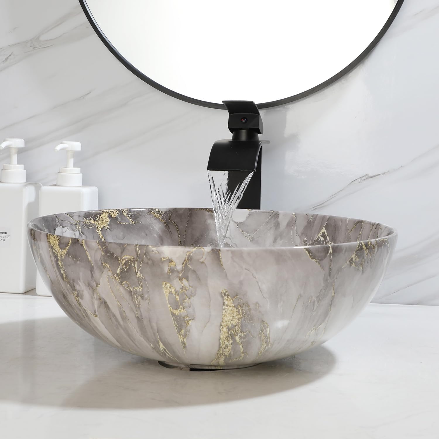 Marbling Small Vessel Sink With Black Faucet And Drain Combo Round Ceramic Basin Bowls Above Counter Bowl Sinks for Bathrooms Countertop Bathroom Sinks Gray With Gold