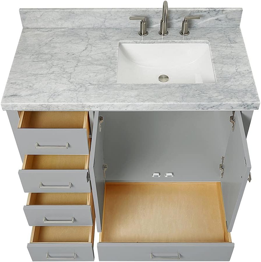 DKB Beckford 42-Inch Grey Bathroom Vanity with Right Offset Rectangular Undermount Sink, Italian Carrara White Marble Countertop, 2 Soft Closing Doors, 5 Dovetail Drawers, No Mirror