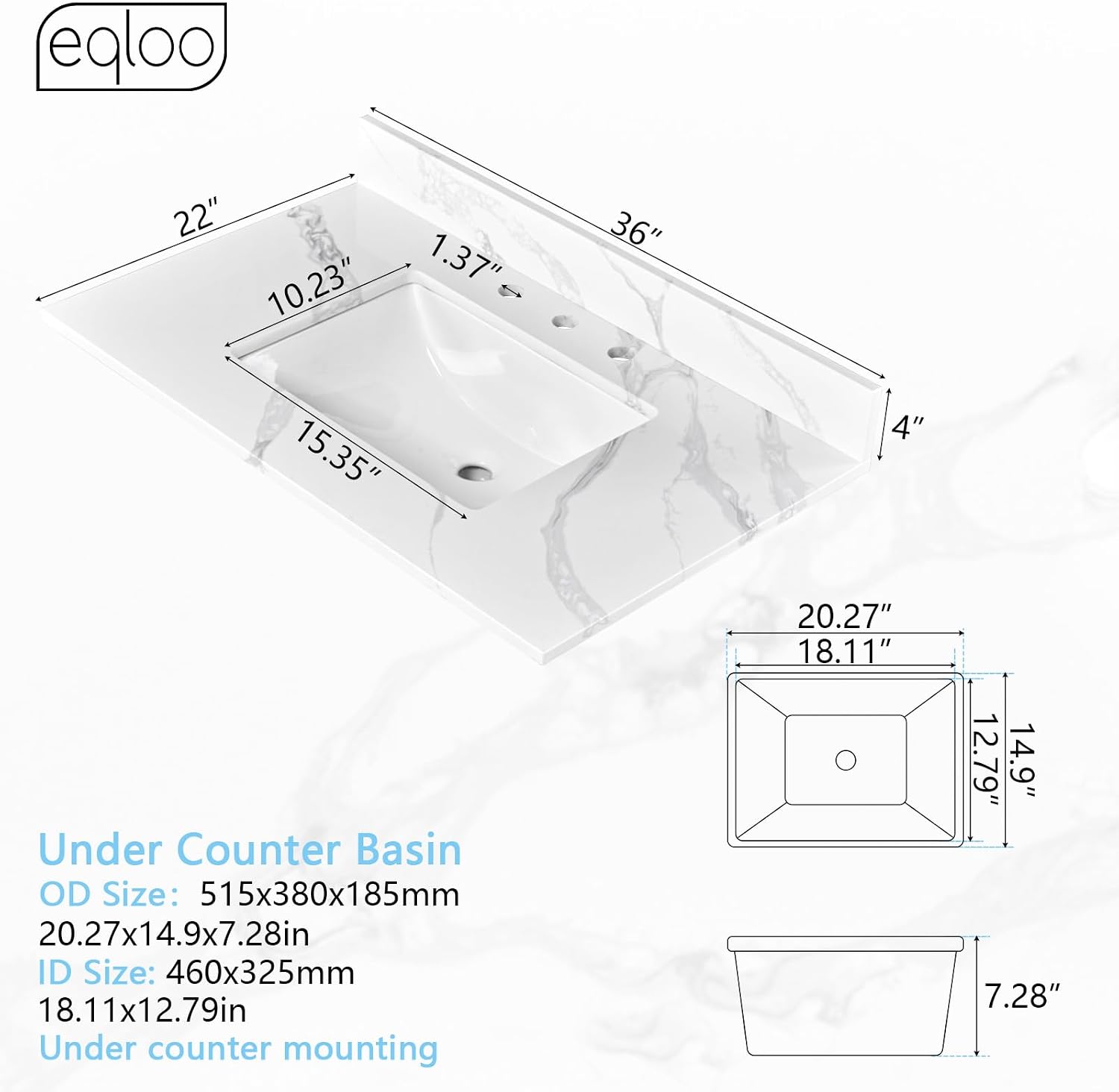 36 in. W x 22 in D Quartz Vanity Top in Calacatta Rocky, Vanity Sink Top with Assembled Single Drop-in Sink, Pre-Drilled Widespread Faucet Holes Countertop with 4' H Backsplash