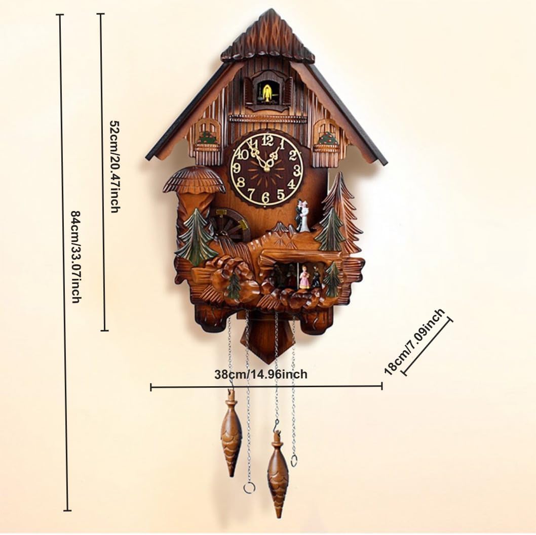 Hand-Carved Vintage Cuckoo Clock, 12 Melodies Handcrafted Quartz Chiming Clock, Wall Decor for Home, Office, Living Room, Unique Gift for All Occasions