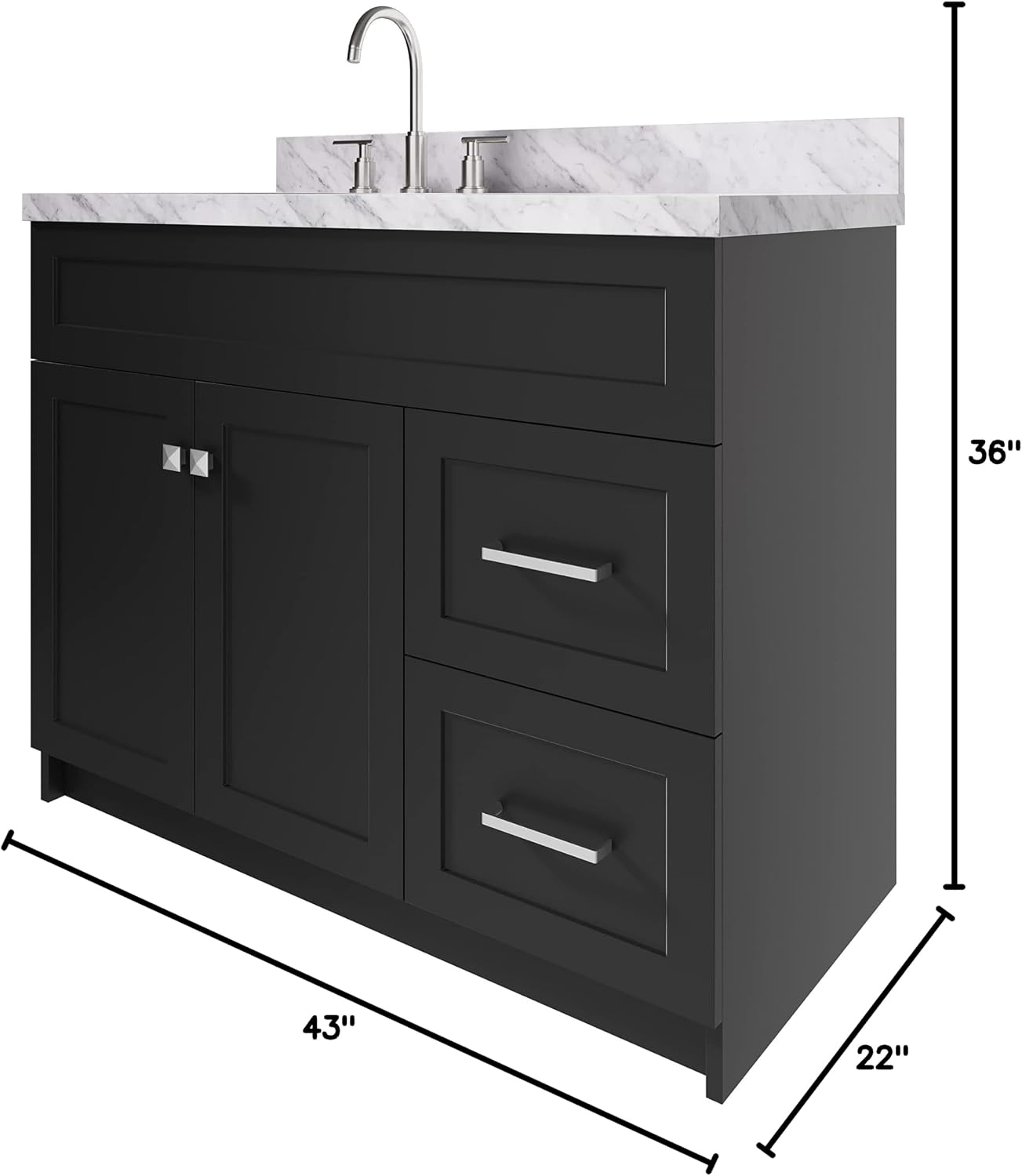 ARIEL 42' Gray Single Bathroom Vanity with Rectangular Sink, 1.5' Italian Carrara Marble Top, Solid Wood, 2 Soft Closing Doors, 2 Full Extension Dovetail Drawers, Brushed Nickel