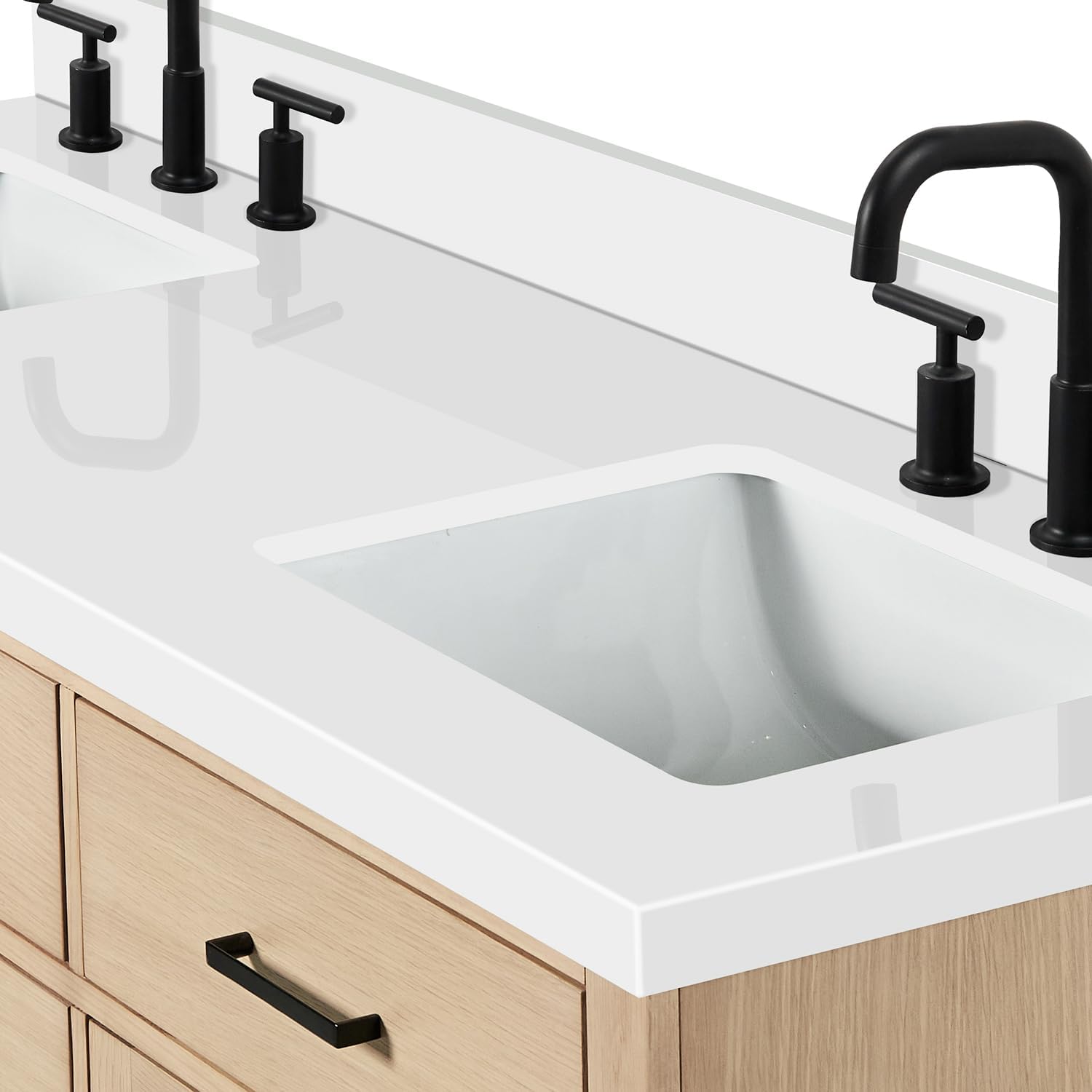 ARIEL Hepburn 66-inch Bathroom Vanity with Sink,Solid Wood, 1.5-inch Pure White Quartz Countertop, Double Rectangular Porcelain Sink, 4 Soft Closing Doors, 6 Dovetail Drawers, White Oak