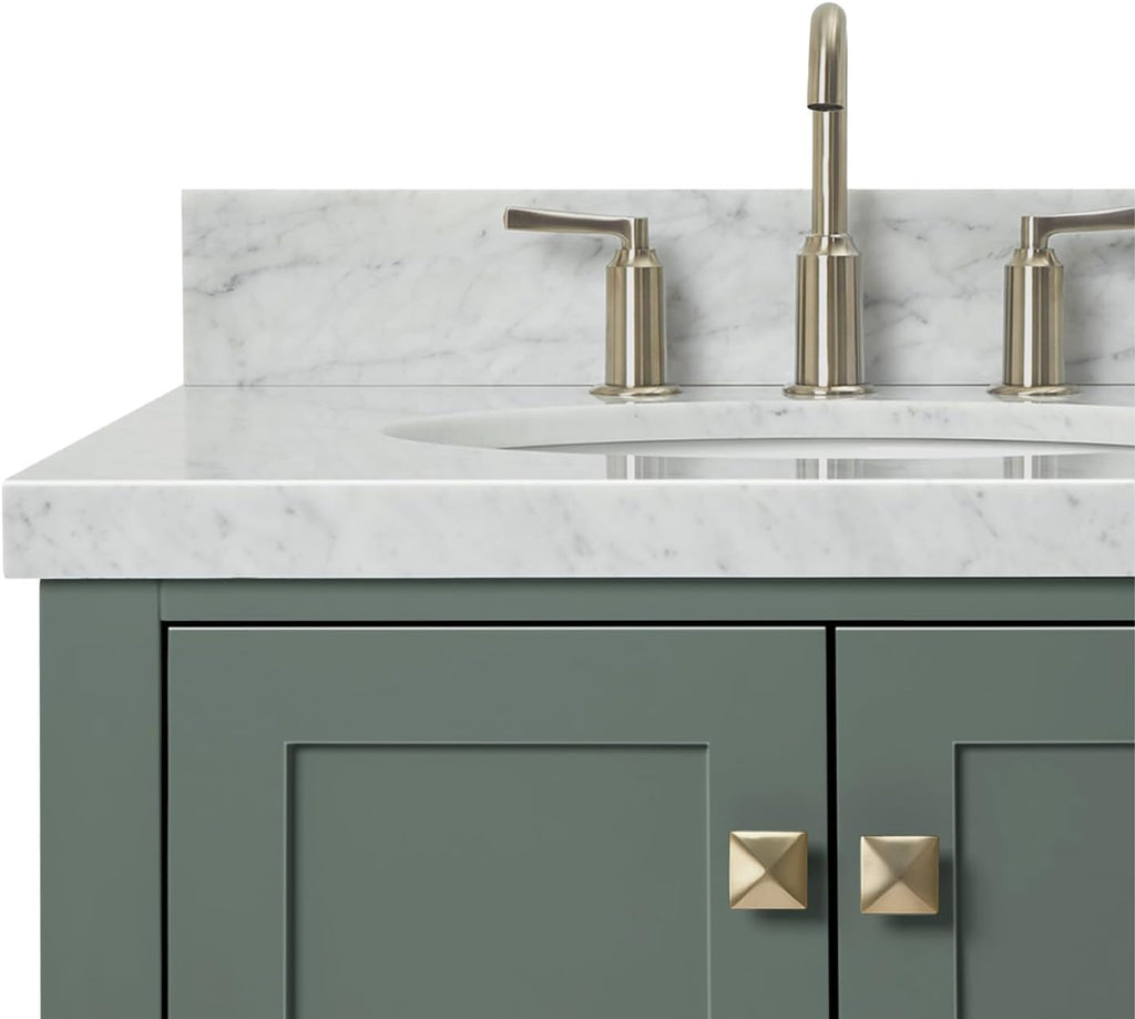 DKB Beckford 36-inch Vintage Green Bathroom Vanity with Left Oval Single Sink, Italian Carrara Marble Countertop & Backsplash, Solid Wood Frame, Soft-Closing & Dovetail Drawers