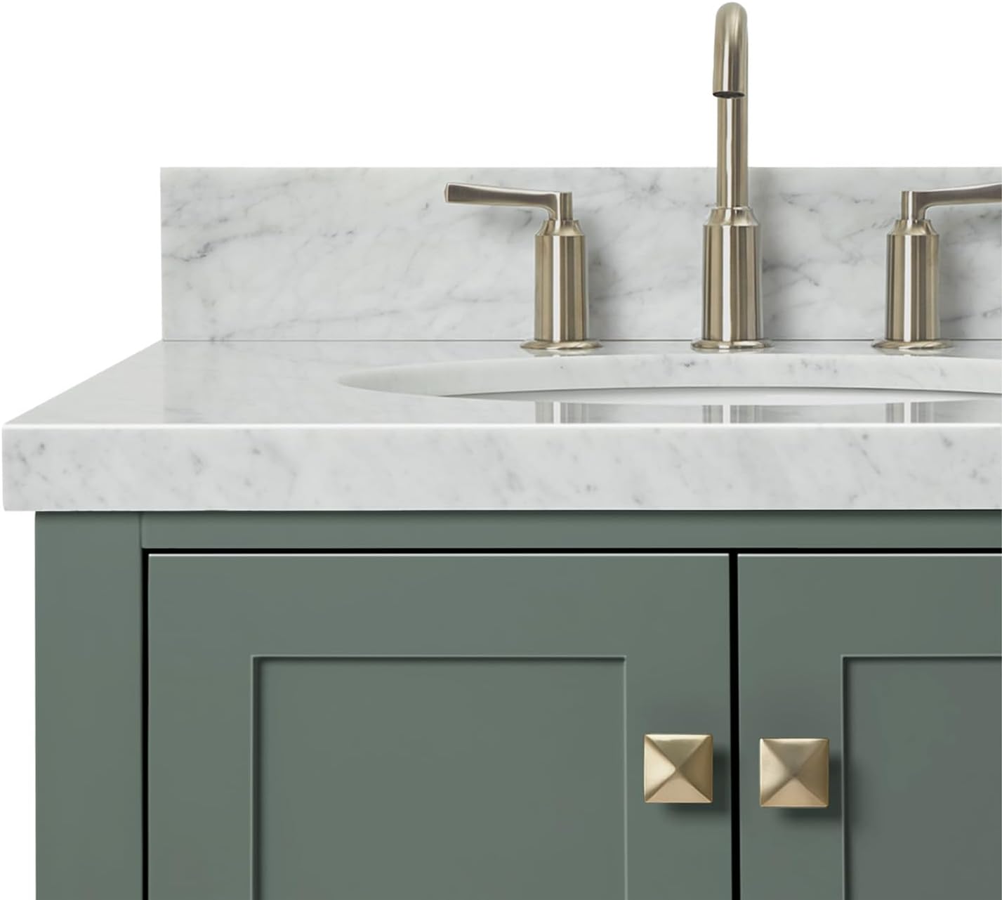 DKB Beckford 36-inch Vintage Green Bathroom Vanity with Left Oval Single Sink, Italian Carrara Marble Countertop & Backsplash, Solid Wood Frame, Soft-Closing & Dovetail Drawers