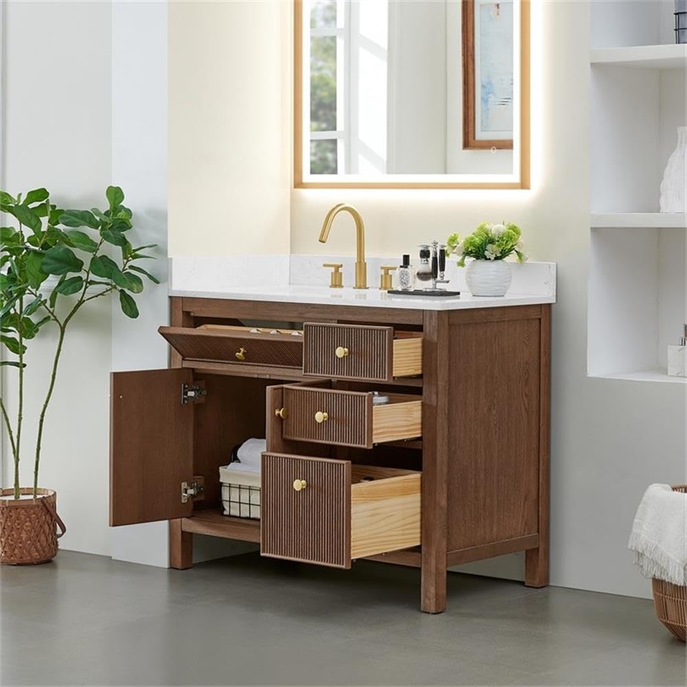 Pemberly Row 42' Bathroom Vanity, Solid Spruce Wood Cabinet, Grain Stone Countertop, Brown Oak Finish, 2 Fluted Doors, 4 Drawers, Ceramic Sink, Brushed Gold Hardware, Contemporary Style