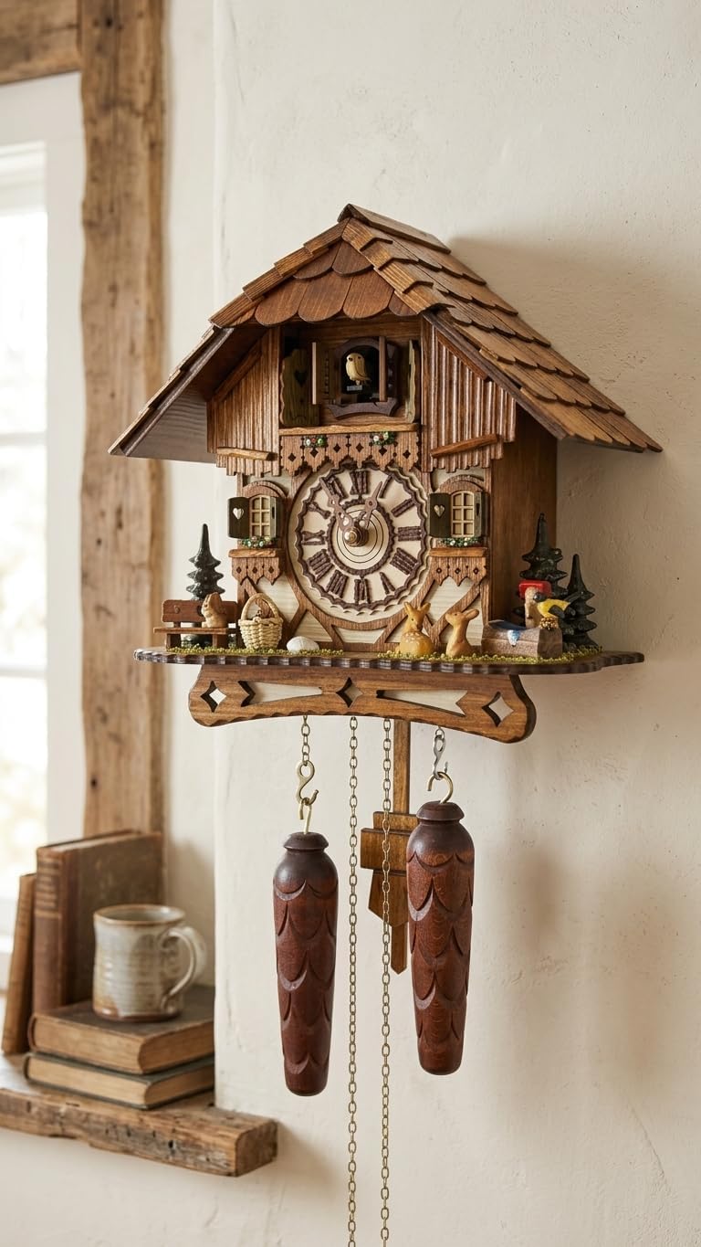 Cuckoo Palace German Cuckoo Clock – Black Forest Hillside Chalet with Animal Figures – Quartz Movement with Music – Night Silence Sensor – 10.6 Inch Wall Clock