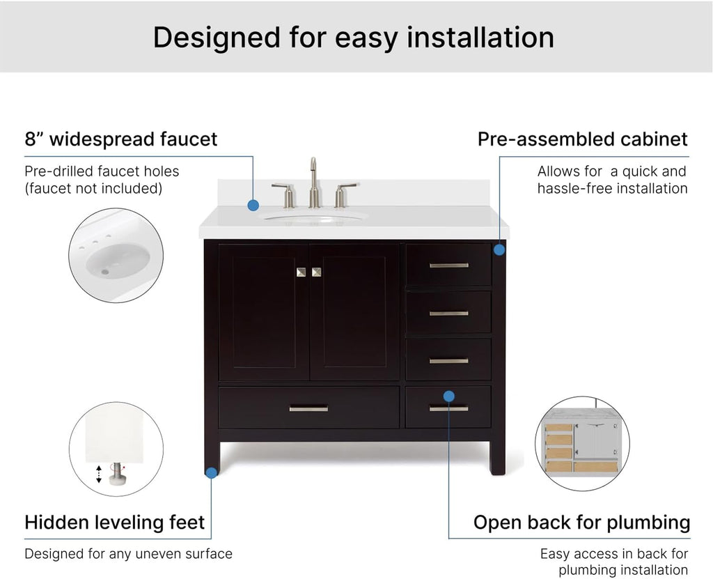 ARIEL Cambridge 42-inch Bathroom Vanity with Sink,Solid Wood, 1.5-inch Pure White Quartz Countertop & Backsplash, Single Oval Porcelain Sink, 2 Soft Closing Doors, 5 Dovetail Drawers, Espresso