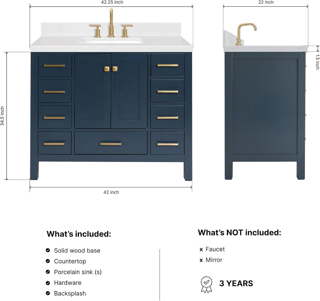 ARIEL Cambridge 42-inch Bathroom Vanity with Sink,Solid Wood, 1.5-inch Carrara White Quartz Countertop, Single Rectangular Porcelain Sink, 2 Soft Closing Doors, 9 Dovetail Drawers, Midnight Blue
