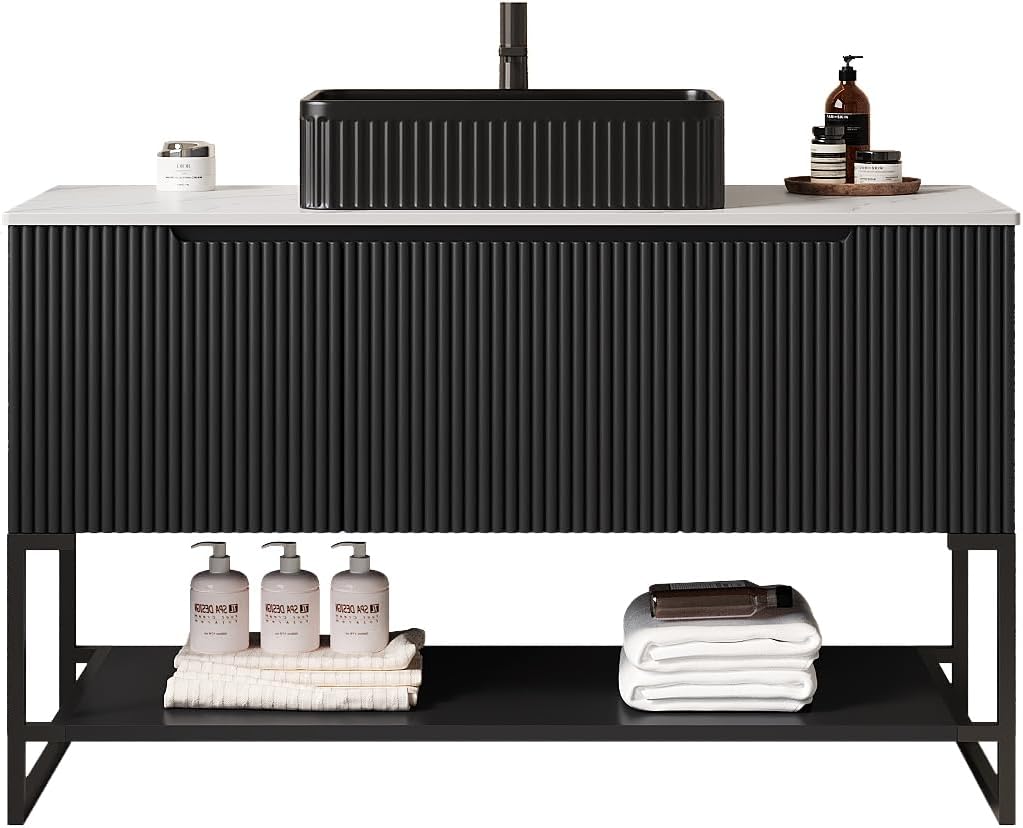 48' Black Bathroom Vanity with Rectangular Ceramic Basin & Marble Top, Freestanding Bathroom Storage Cabinet with 3 Doors and Open Shelf, Modern Single Sink Bathroom Vanities with Soft Close System