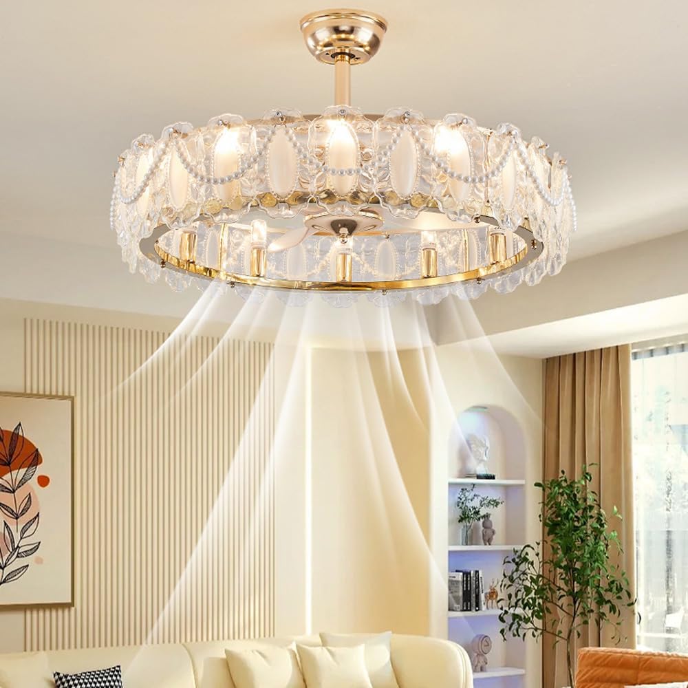 21' Modern Chandelier LED High Ceiling Light Fan with Remote Pearl Vintage Glass Fan Light Reversible Fan Large Ceiling Fan with Light for Girls Bedroom Living Room Dining Room