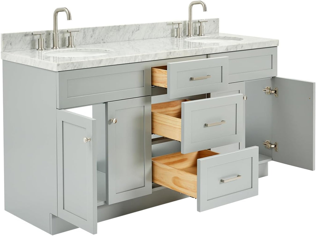 DKB Bradford 66' Grey Double Bathroom Vanity, 1.5' Edge Italian Carrara Marble Countertop, Double Oval Undermount Sinks, 2 Soft Closing Doors, 3 Dovetail Drawers, Brushed Nickel
