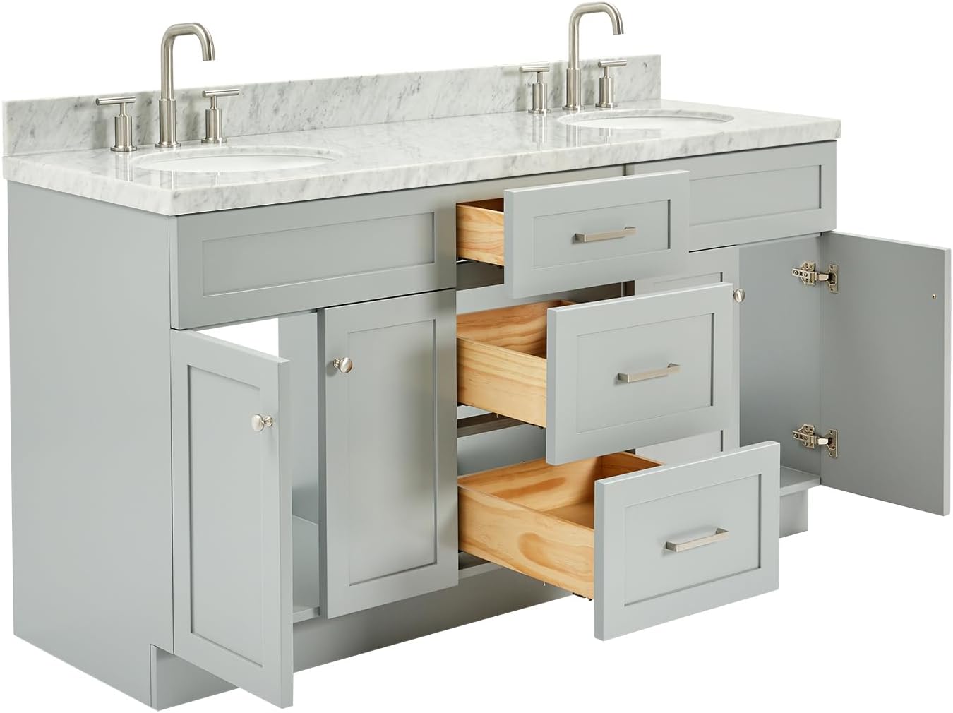 DKB Bradford 66' Grey Double Bathroom Vanity, 1.5' Edge Italian Carrara Marble Countertop, Double Oval Undermount Sinks, 2 Soft Closing Doors, 3 Dovetail Drawers, Brushed Nickel