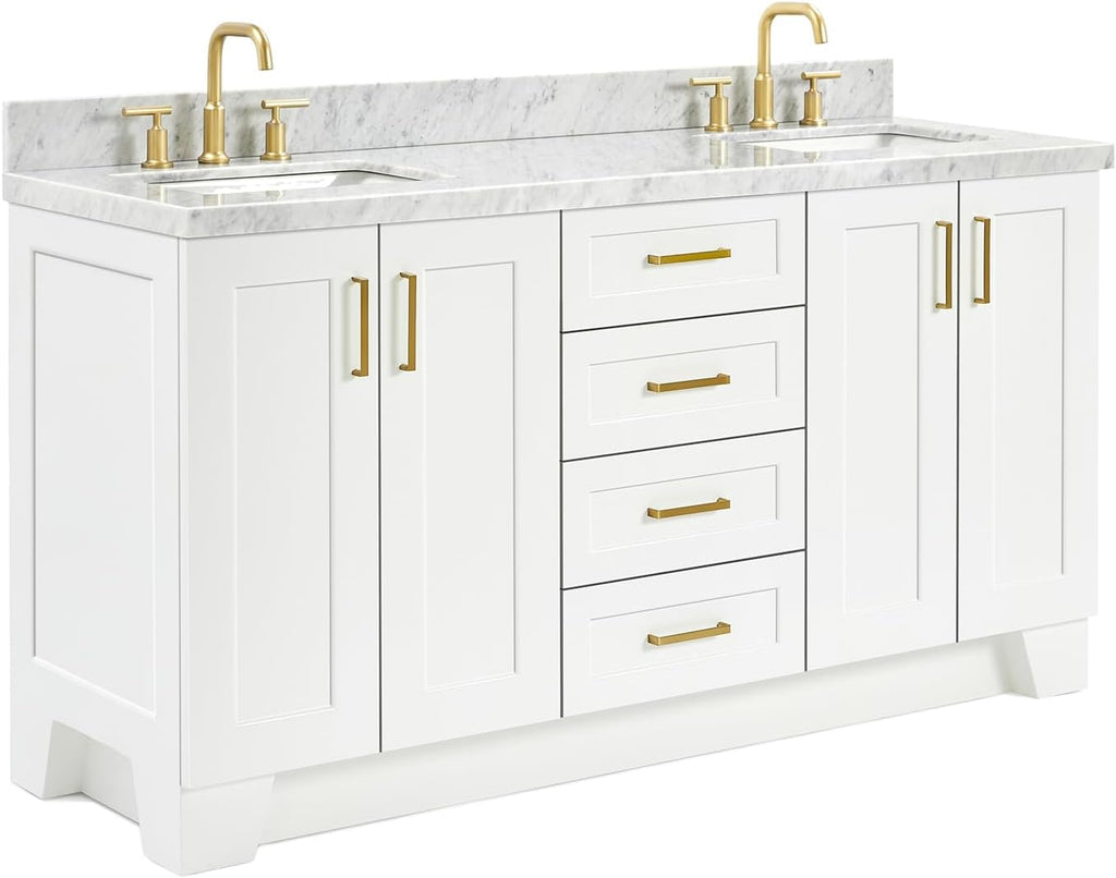 ARIEL Taylor 66-inch Bathroom Vanity with Sink,Solid Wood, 1.5-inch Italian Carrara Marble Countertop, Double Rectangular Porcelain Sink, 4 Soft Closing Doors, 5 Dovetail Drawers, White