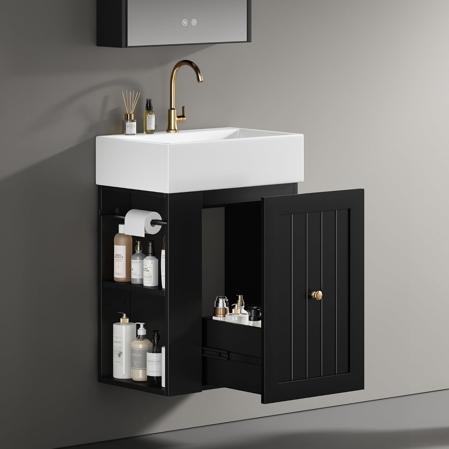 20' Floationg Wall-Mounted Bathroom Vanity with Ceramic Sink, Adjustable Shelf, Toilet Paper Holder, Modern Style, Drawer with Striped Design, Black