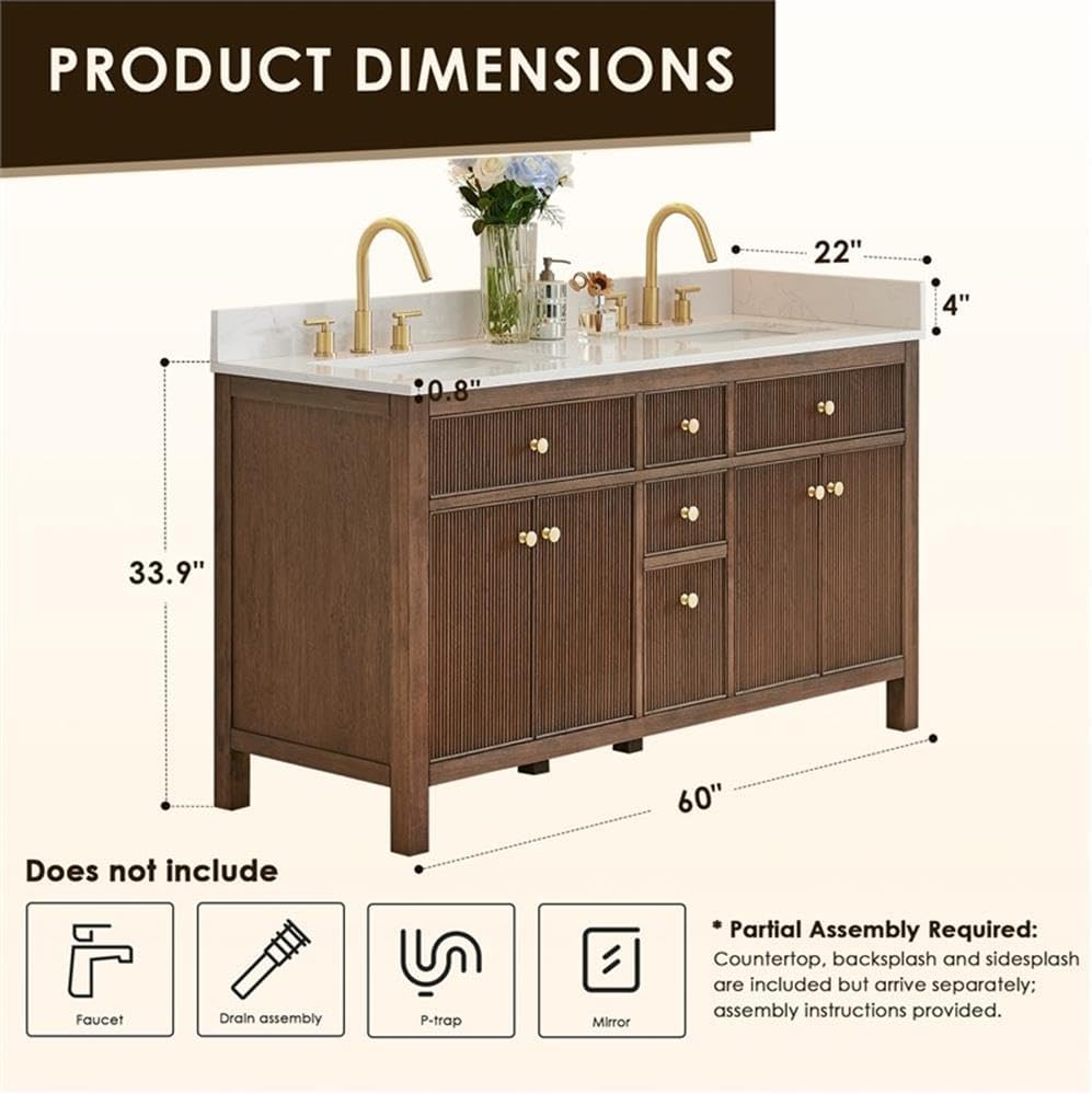 Pemberly Row 60' Wood Bathroom Vanity, Brown Brushed Oak, Fluted Doors, Grain White Engineered Stone Top, Soft-Closing Storage, Ceramic Undermount Sink, Modern Design for Bathroom Elegance