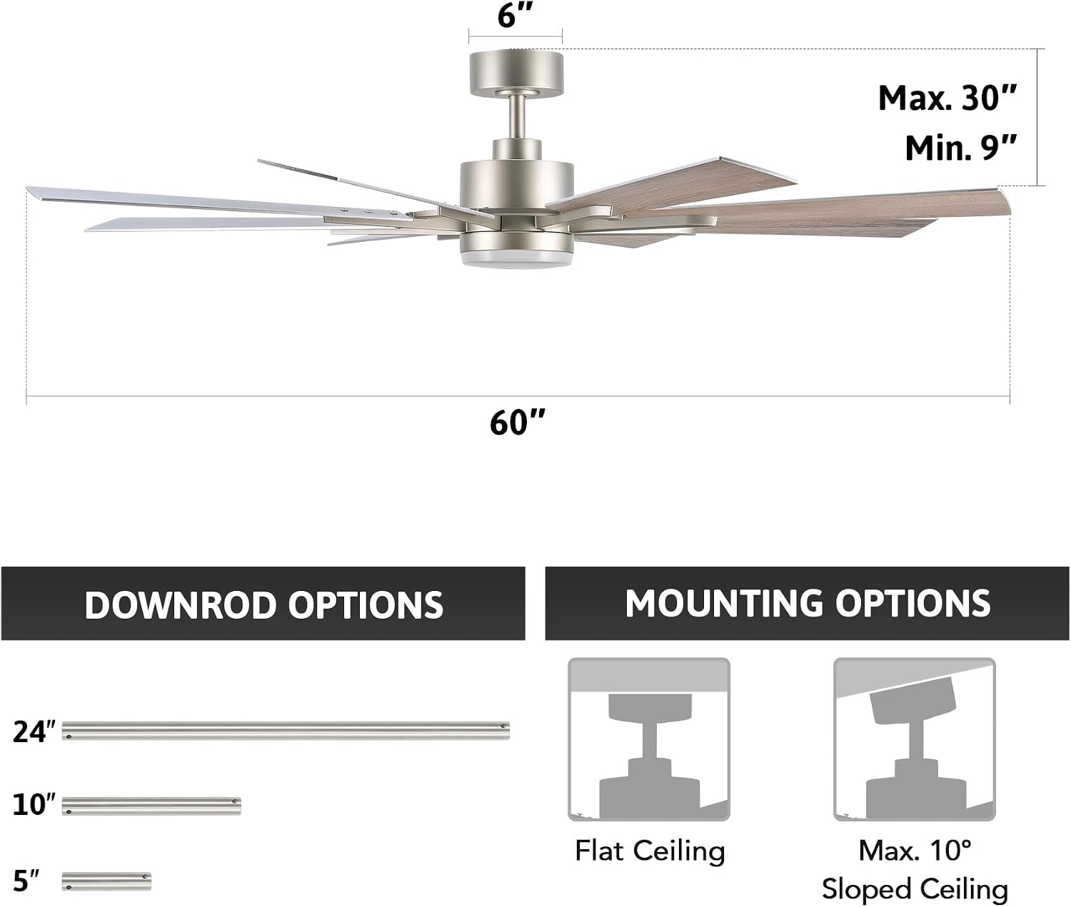 VONLUCE Ceiling Fans with Lights, 60 Inch Ceiling Fan and Remote, 3CCT, 6 Speeds Reversible Quiet DC Motor, Ceiling Fan for Living Room Farmhouse Bedroom Kitchen Patio Indoor, Nickel
