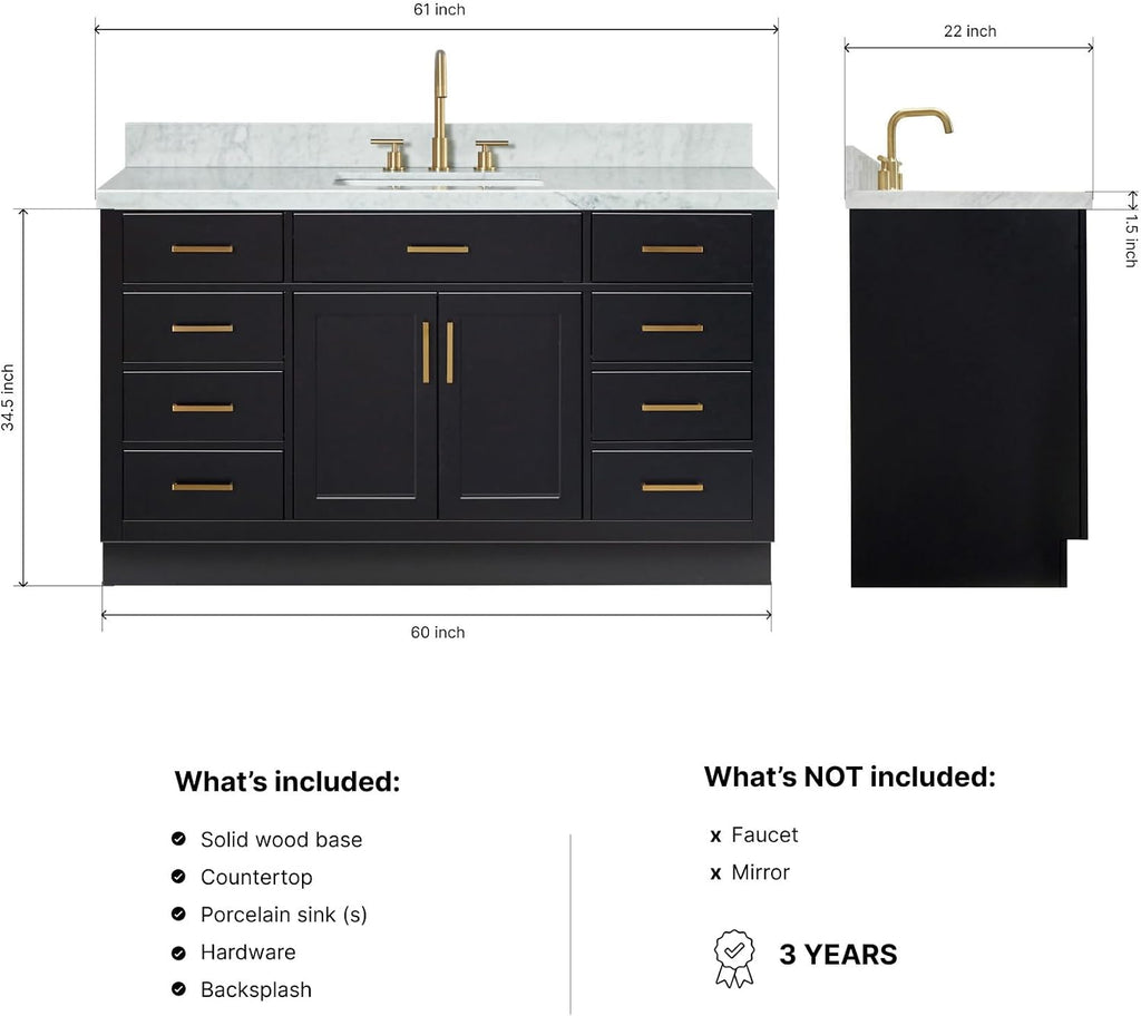 ARIEL Hepburn 60-inch Bathroom Vanity with Sink,Solid Wood, 1.5-inch Italian Carrara Marble Countertop, Single Rectangular Porcelain Sink, 2 Soft Closing Doors, 9 Dovetail Drawers, Black