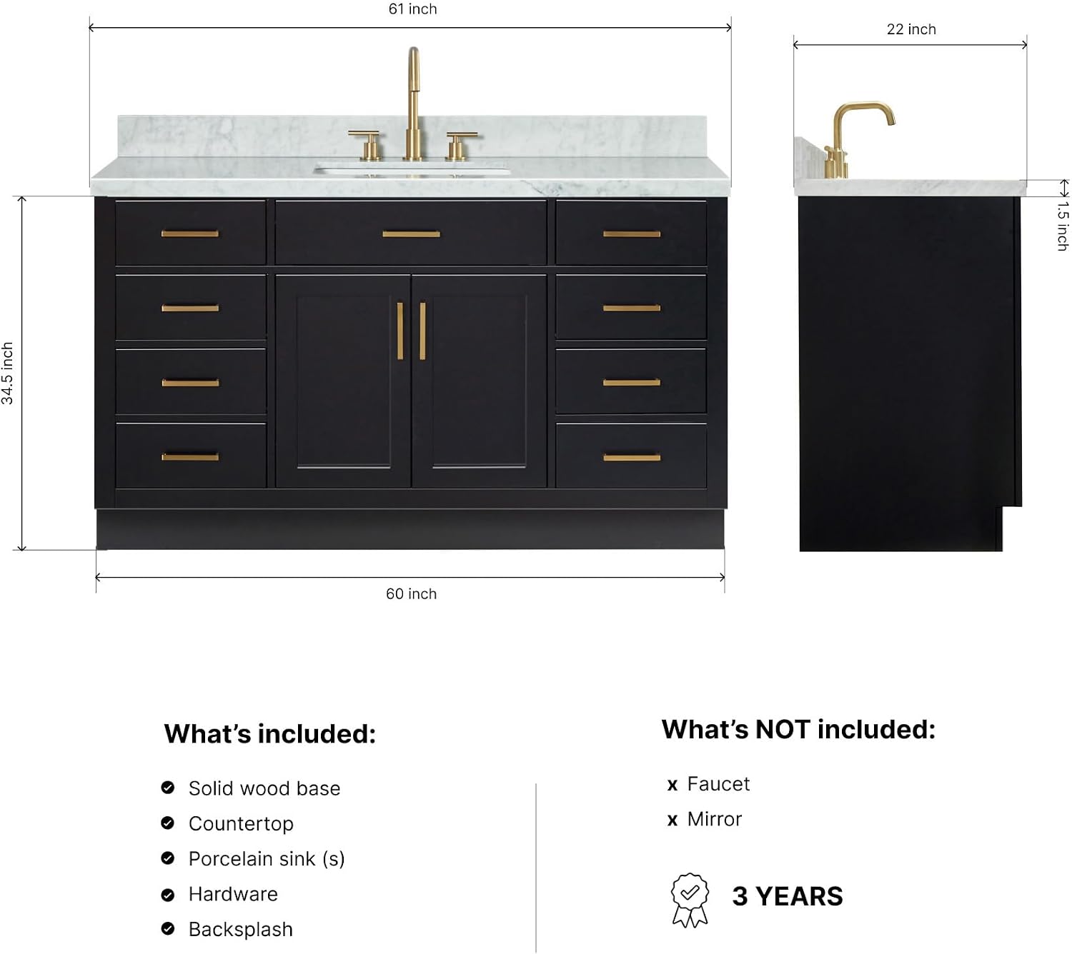 ARIEL Hepburn 60-inch Bathroom Vanity with Sink,Solid Wood, 1.5-inch Italian Carrara Marble Countertop, Single Rectangular Porcelain Sink, 2 Soft Closing Doors, 9 Dovetail Drawers, Black
