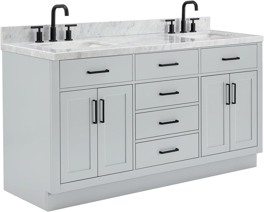 ARIEL Hepburn 66-inch Bathroom Vanity with Sink,Solid Wood, 1.5-inch Italian Carrara Marble Countertop, Double Rectangular Porcelain Sink, 4 Soft Closing Doors, 6 Dovetail Drawers, Grey