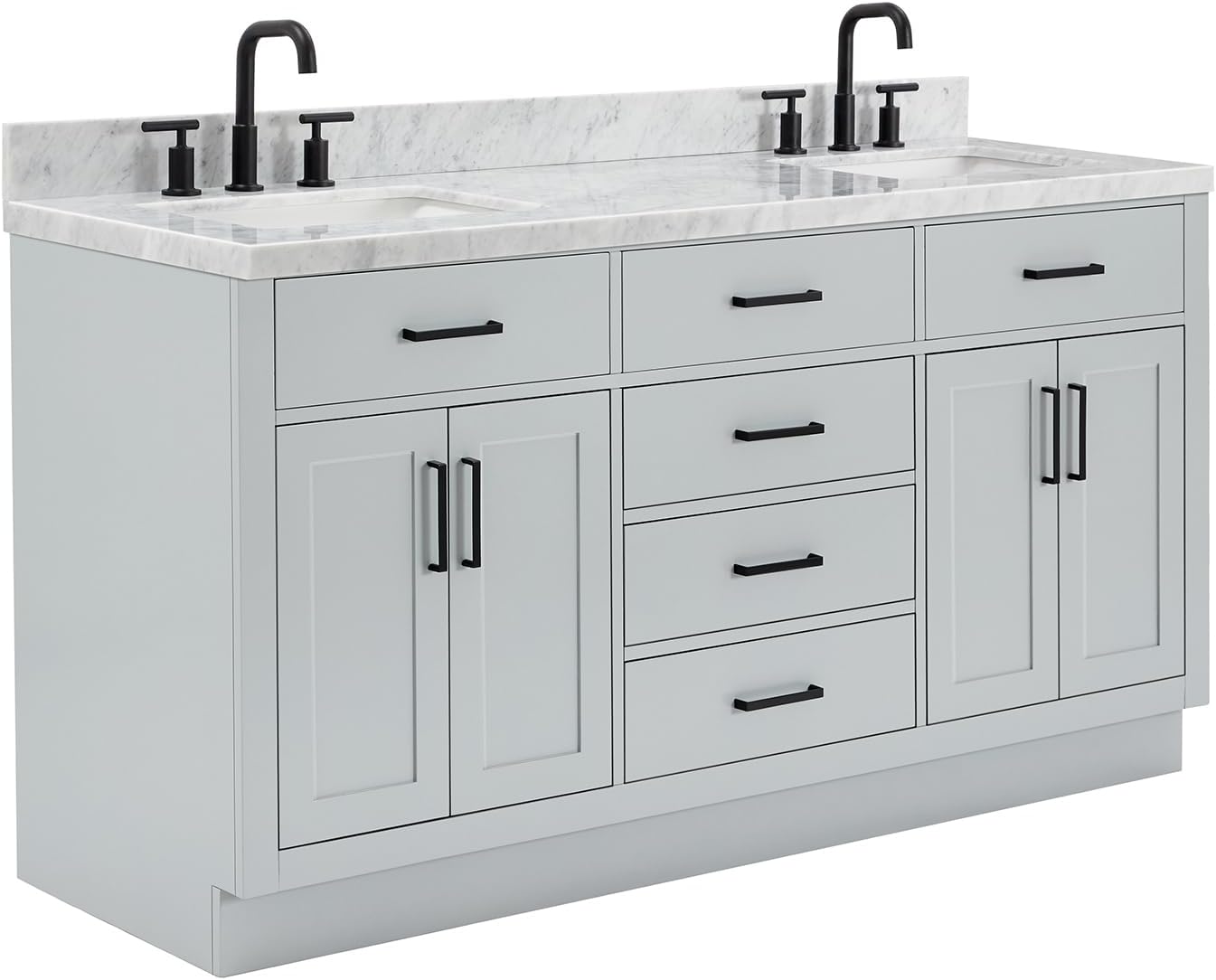 ARIEL Hepburn 66-inch Bathroom Vanity with Sink,Solid Wood, 1.5-inch Italian Carrara Marble Countertop, Double Rectangular Porcelain Sink, 4 Soft Closing Doors, 6 Dovetail Drawers, Grey