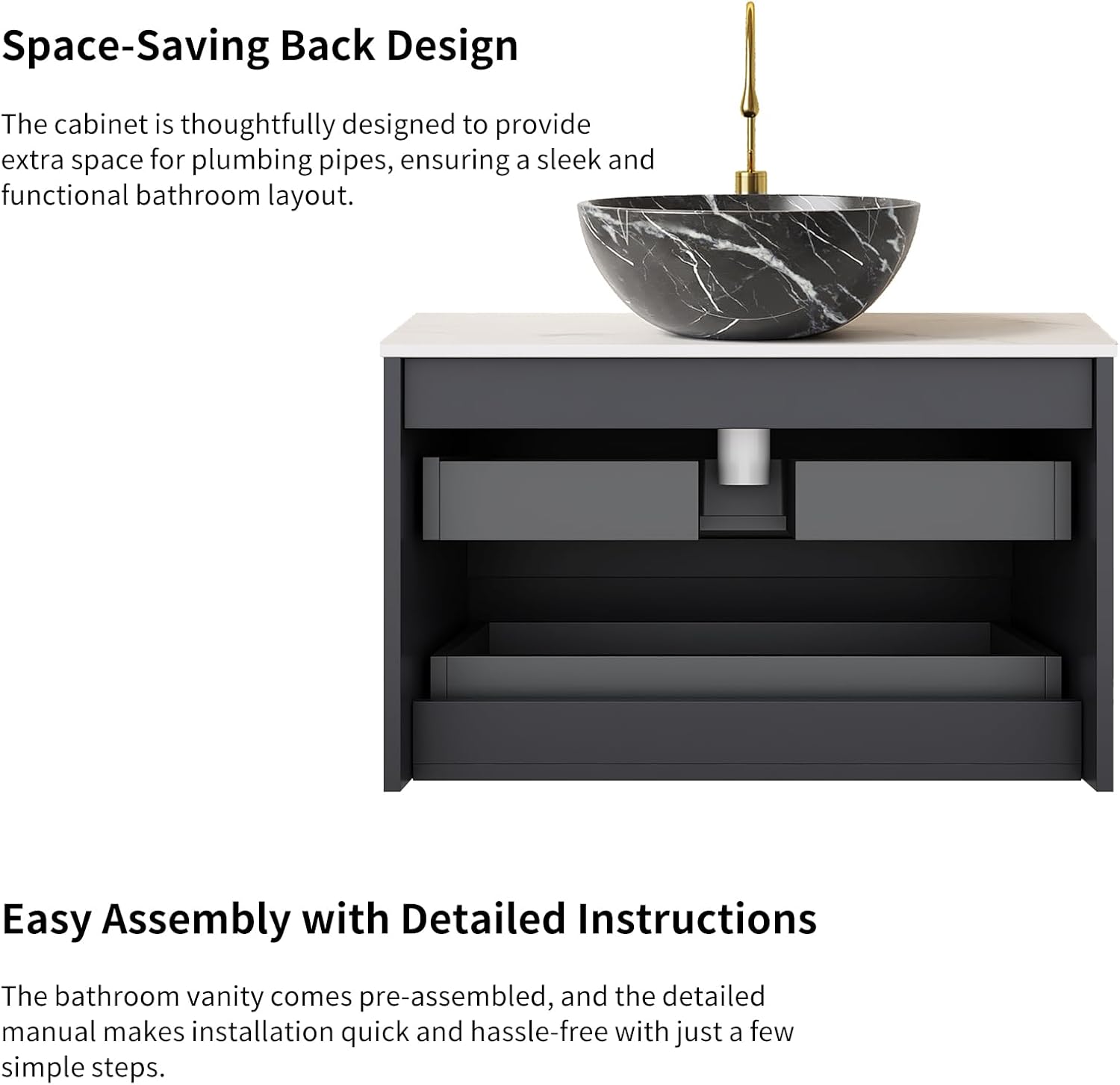 Yayzy 36' Floating Bathroom Vanity with Sink, Solid Wood Fluted Cabinet, White Marble-Patterned Ceramic Basin & Faux Marble Top, Soft-Close Drawer, Pre-Assembled, Gloss Black