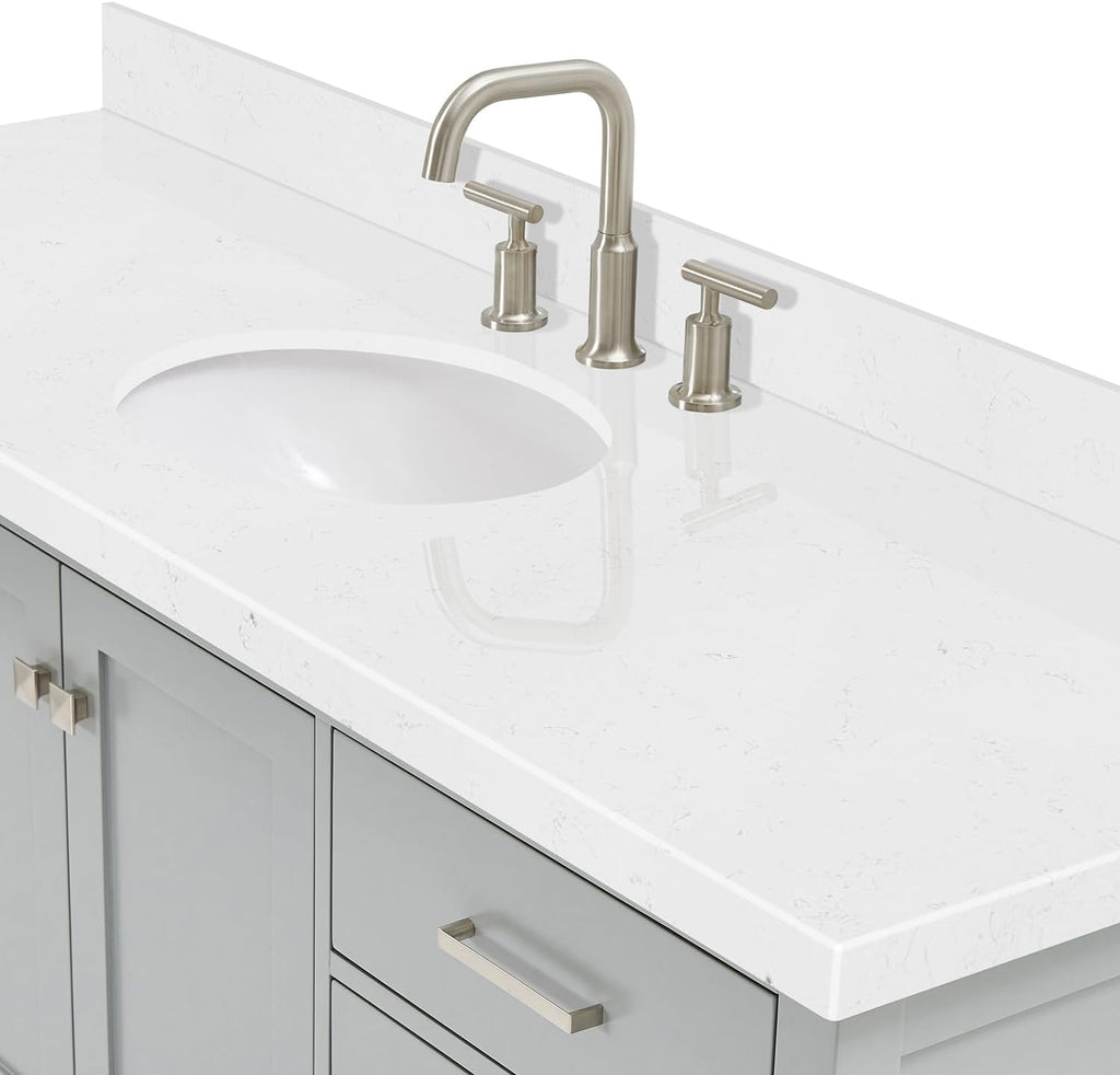 ARIEL Cambridge 66-inch Bathroom Vanity with Sink,Solid Wood, 1.5-inch Carrara White Quartz Countertop & Backsplash, Single Oval Porcelain Sink, 2 Soft Closing Doors, 9 Dovetail Drawers, Grey