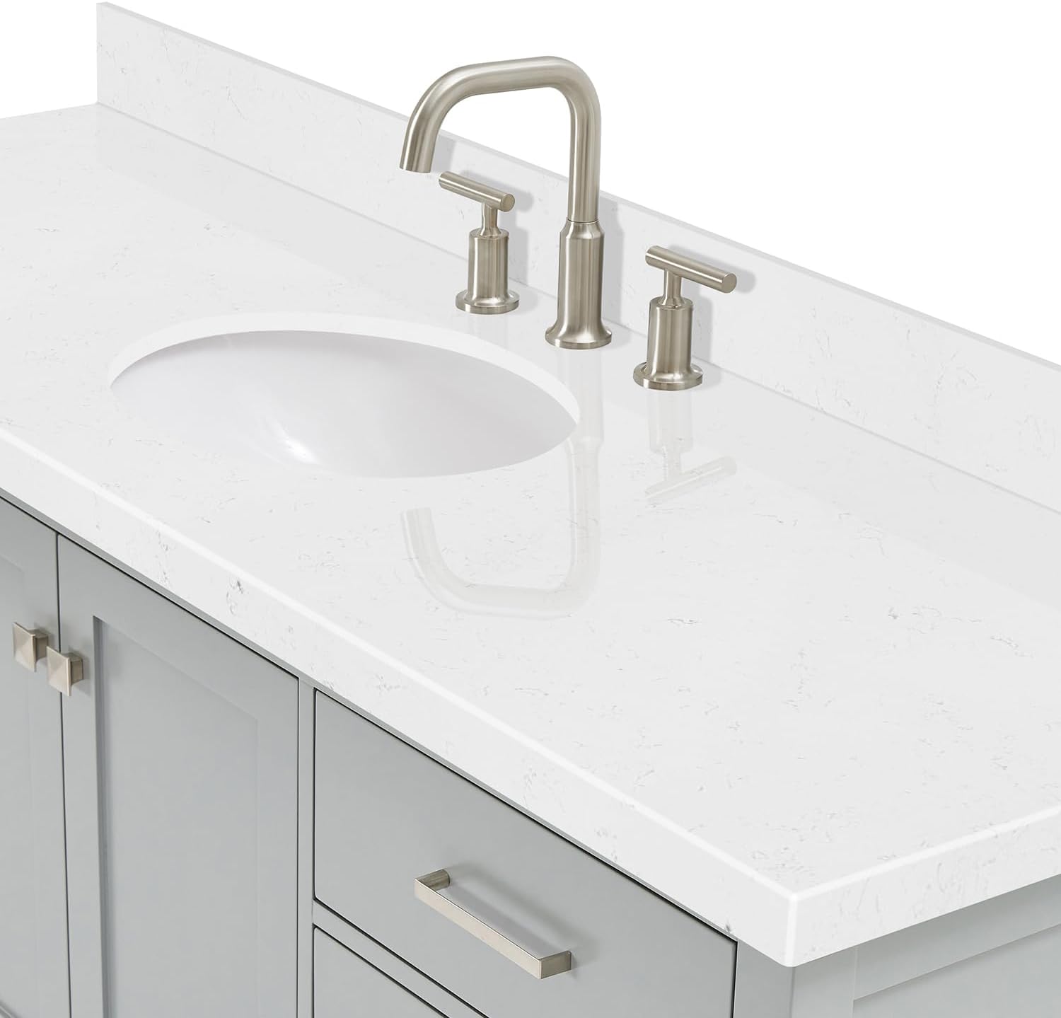 ARIEL Cambridge 66-inch Bathroom Vanity with Sink,Solid Wood, 1.5-inch Carrara White Quartz Countertop & Backsplash, Single Oval Porcelain Sink, 2 Soft Closing Doors, 9 Dovetail Drawers, Grey