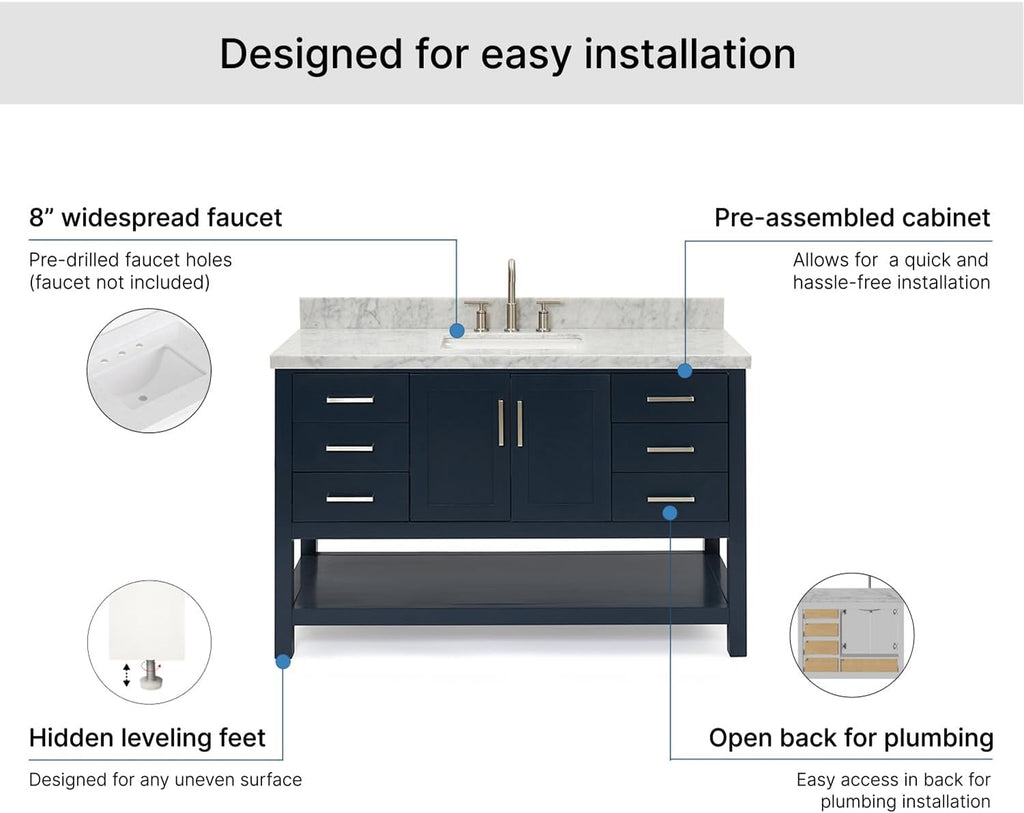 ARIEL Magnolia 54-inch Bathroom Vanity with Sink,Solid Wood, 1.5-inch Italian Carrara Marble Countertop, Single Rectangular Porcelain Sink, 2 Soft Closing Doors, 6 Dovetail Drawers, Midnight Blue