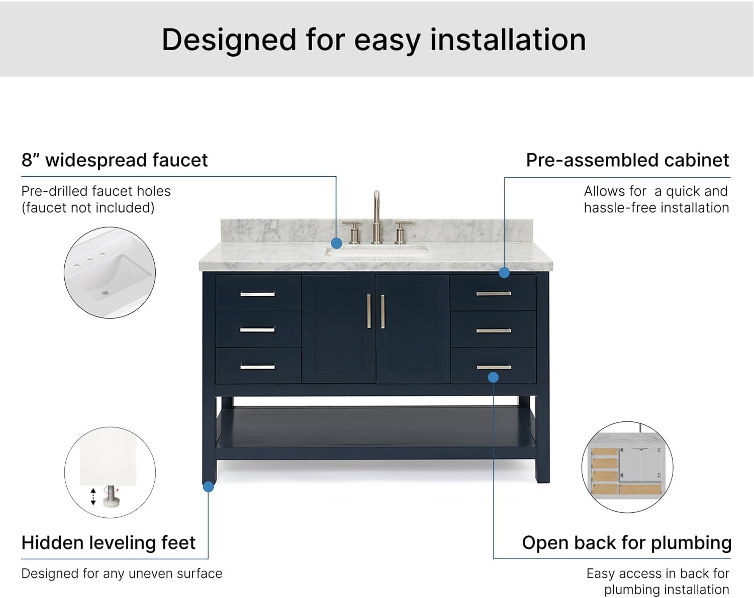 ARIEL Magnolia 54-inch Bathroom Vanity with Sink,Solid Wood, 1.5-inch Italian Carrara Marble Countertop, Single Rectangular Porcelain Sink, 2 Soft Closing Doors, 6 Dovetail Drawers, Midnight Blue