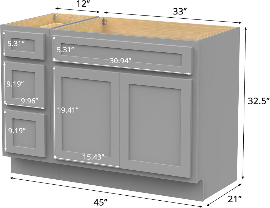 Vanity Art 45' Unassembled Bathroom Vanity with 2-Door 3-Drawer, Wood Bathroom Vanity Cabinet with Soft Closing Shaker Drawer, Sturdy Floor Mounted Cabinet Without Top VA4045-3S-G
