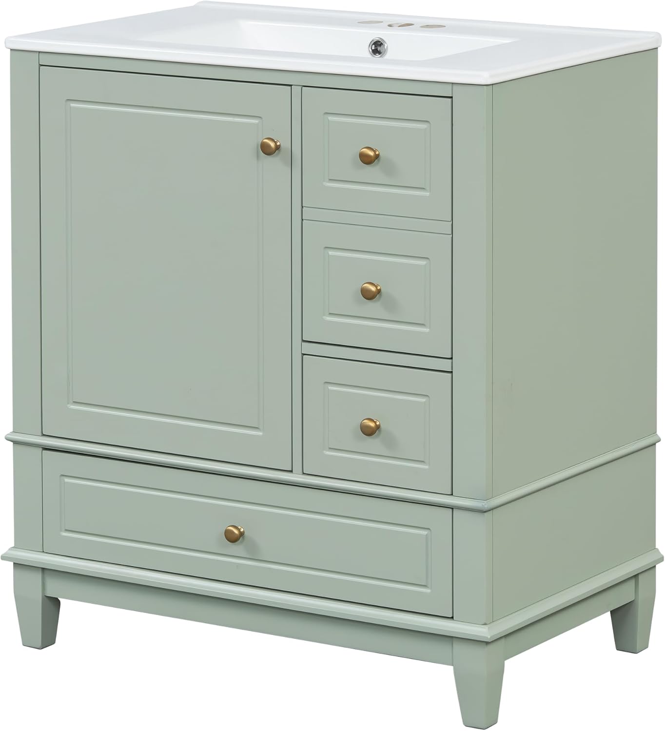 Christopher Knight Home 30' Bathroom Vanity with Top, Ceramic Sink, 3 Drawers and 1 Soft Closing Door with Shelf, Solid Wood Legs, Green