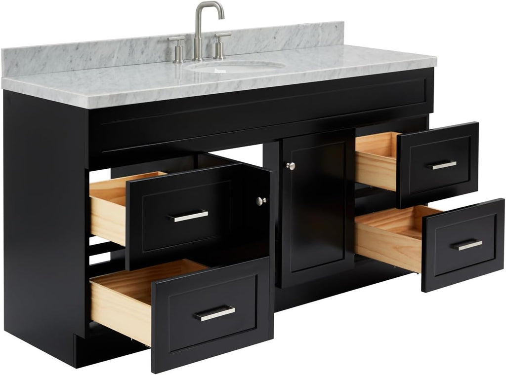 ARIEL Hamlet 66-inch Bathroom Vanity with Sink,Solid Wood, 1.5-inch Italian Carrara Marble Countertop & Backsplash, Single Oval Porcelain Sink, 2 Soft Closing Doors, 4 Dovetail Drawers, Black
