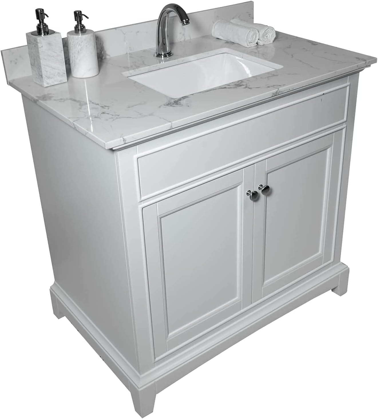 31 Inch Marble Vanity Top with Undermounted Rectangular Ceramic Sink & Backsplash, White Carrara Engineered Stone Countertop Vanity Sink Top for Bathroom 1 Pre-Drilled Hole