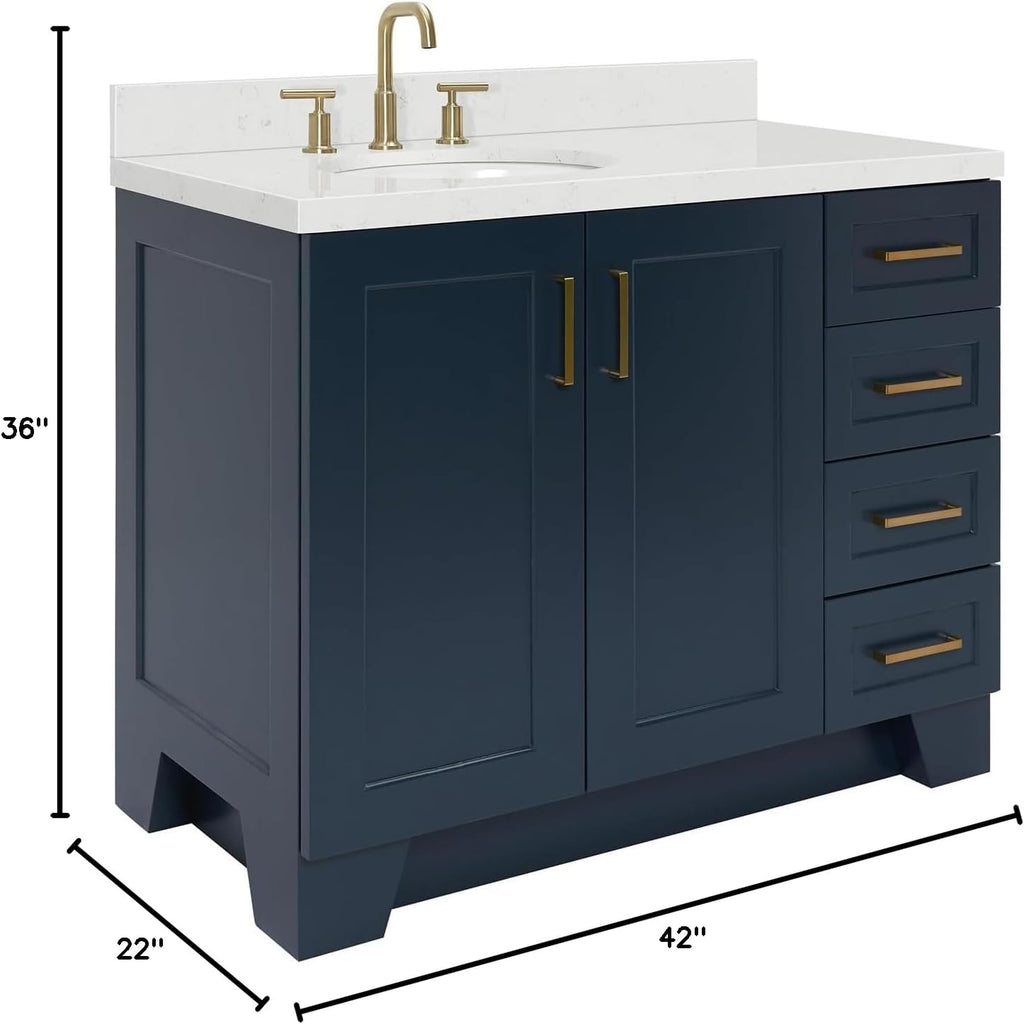 ARIEL Taylor 42 in. Left Offset Oval Sink Bathroom Vanity with Carrara White Quartz Countertop 1.5 Edge in Midnight Blue