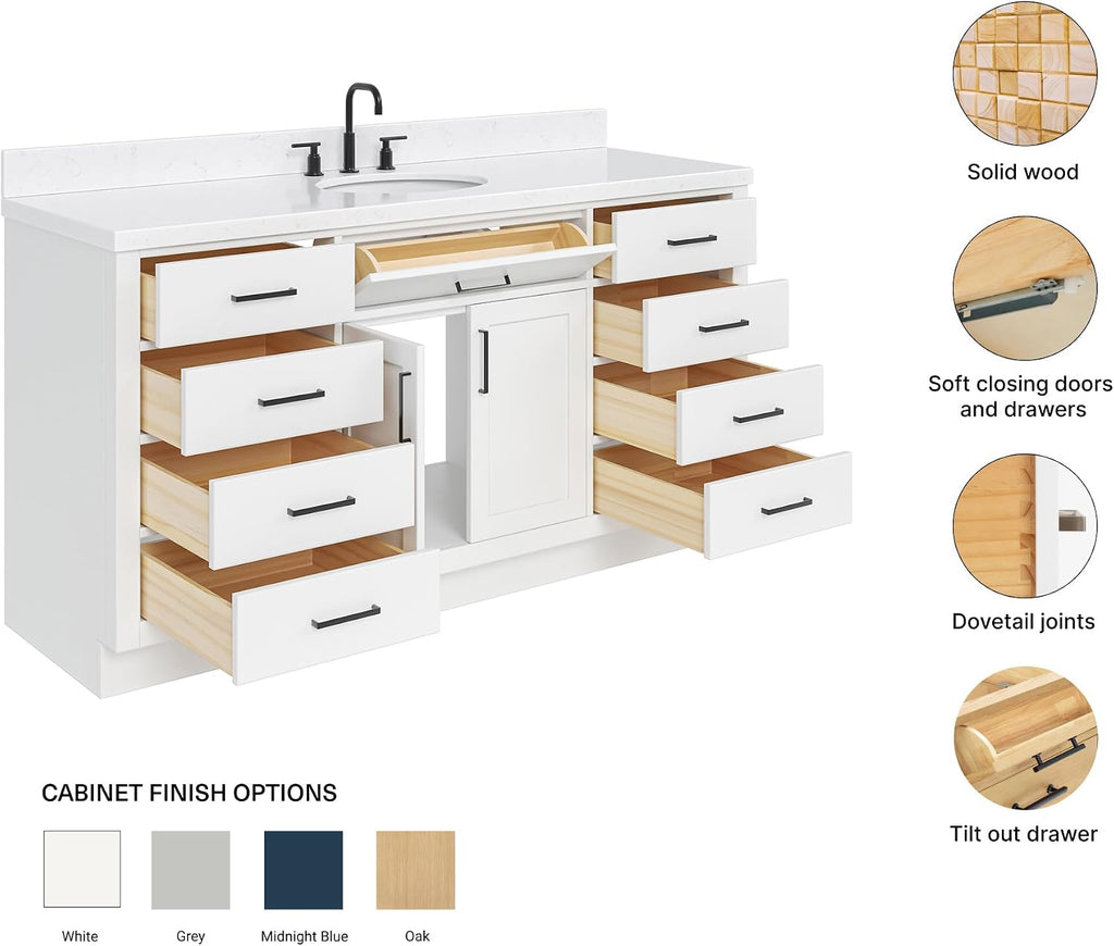 ARIEL Hepburn 66-inch Bathroom Vanity with Sink,Solid Wood, 1.5-inch Carrara White Quartz Countertop & Backsplash, Single Oval Porcelain Sink, 2 Soft Closing Doors, 9 Dovetail Drawers, White