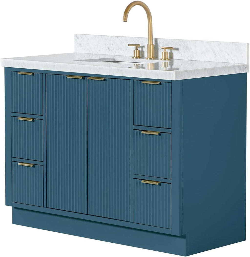 ARIEL Milan 48-inch Bathroom Vanity with Sink,Solid Wood, 1.5-inch Italian Carrara Marble Countertop, Single Rectangular Porcelain Sink, Soft Closing Doors, Dovetail Drawers, Vintage Blue