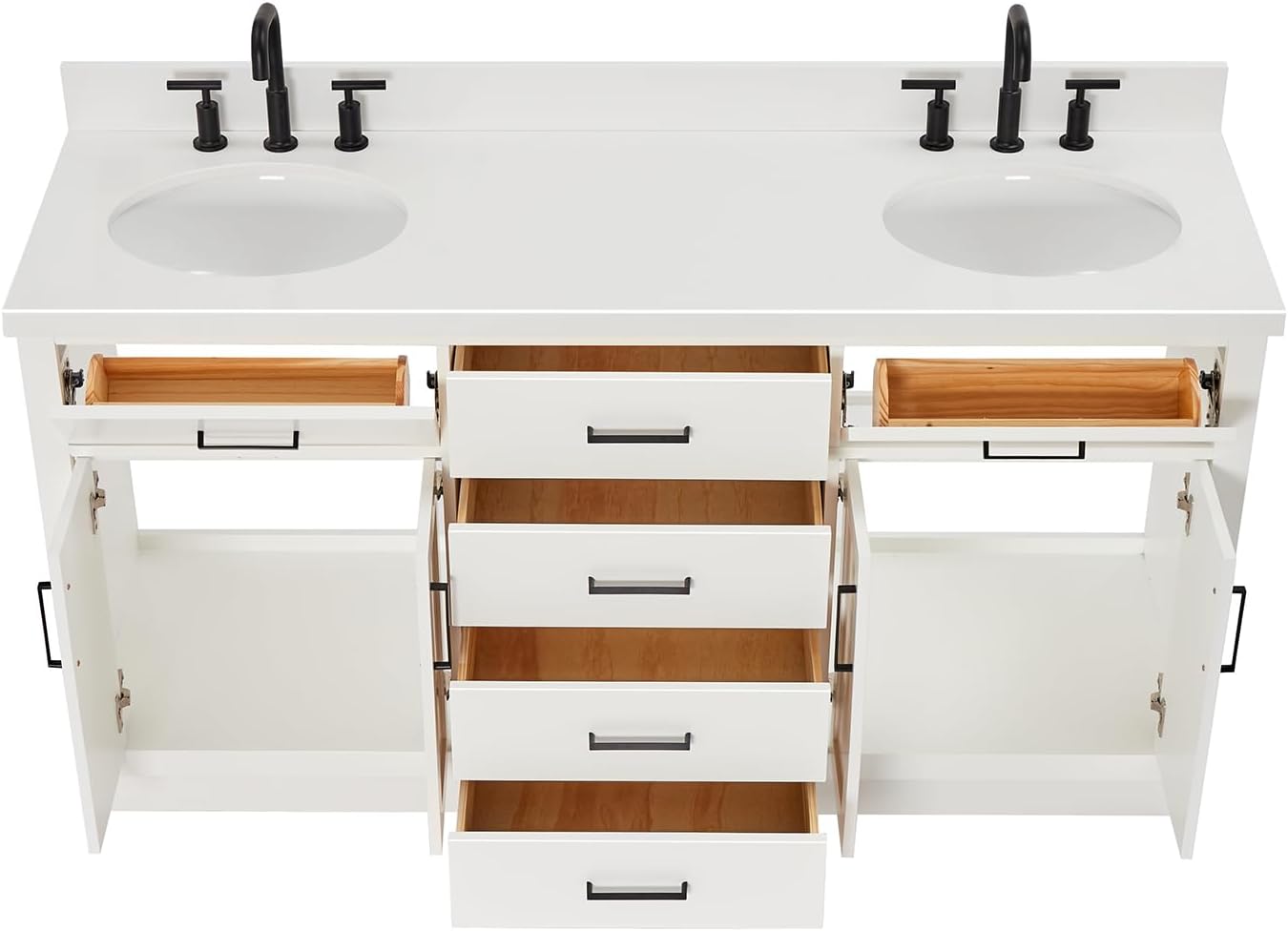 DKB Isabella 66-Inch White Double Bathroom Vanity, 1.5-Inch Pure White Quartz Countertop & Backsplash, Oval Sinks, 4 Soft Closing Doors, 6 Dovetail Drawers, Matte Black Hardware