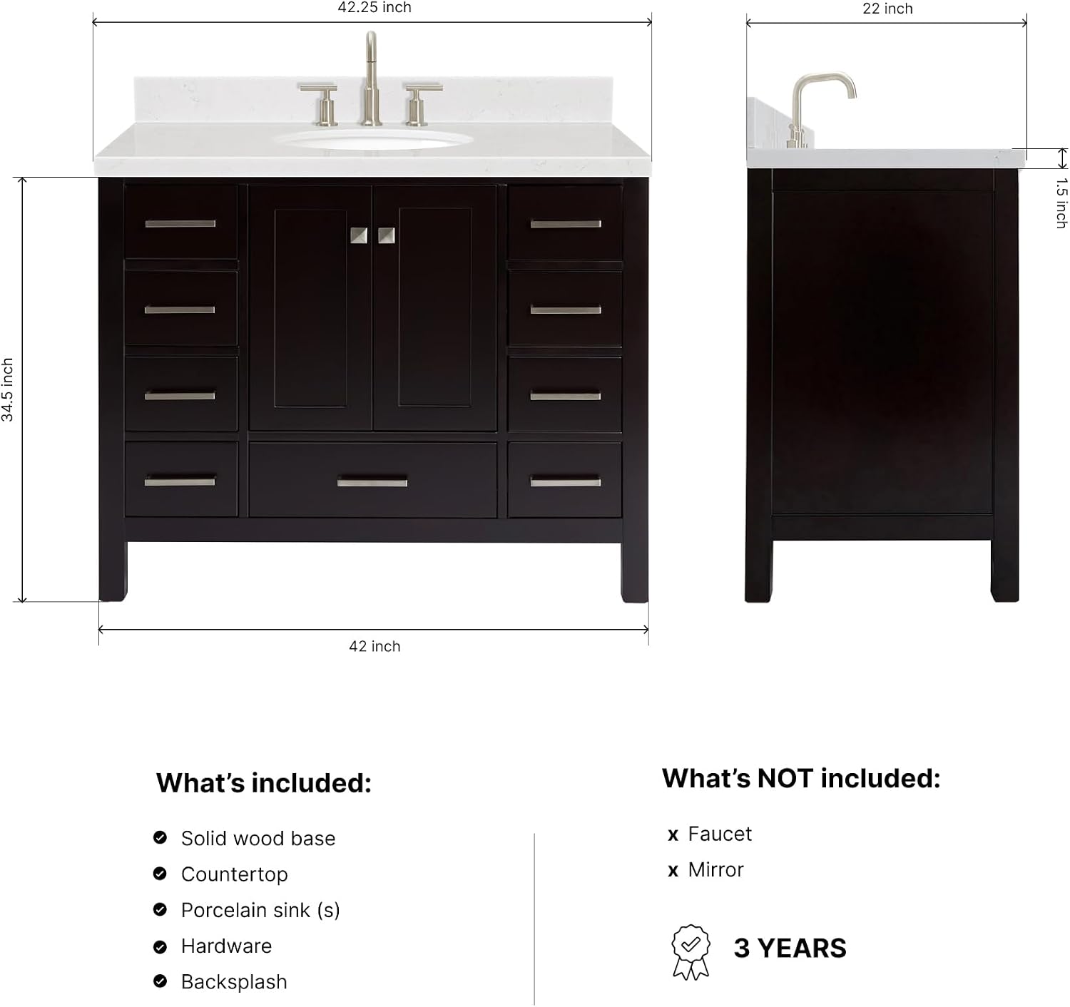 DKB Beckford 42-Inch Espresso Bathroom Vanity with Sink, Solid Wood Frame, Carrara White Quartz Countertop 1.5-Inch Edge, Oval Undermount Sink, 2 Soft Closing Doors, 9 Drawers