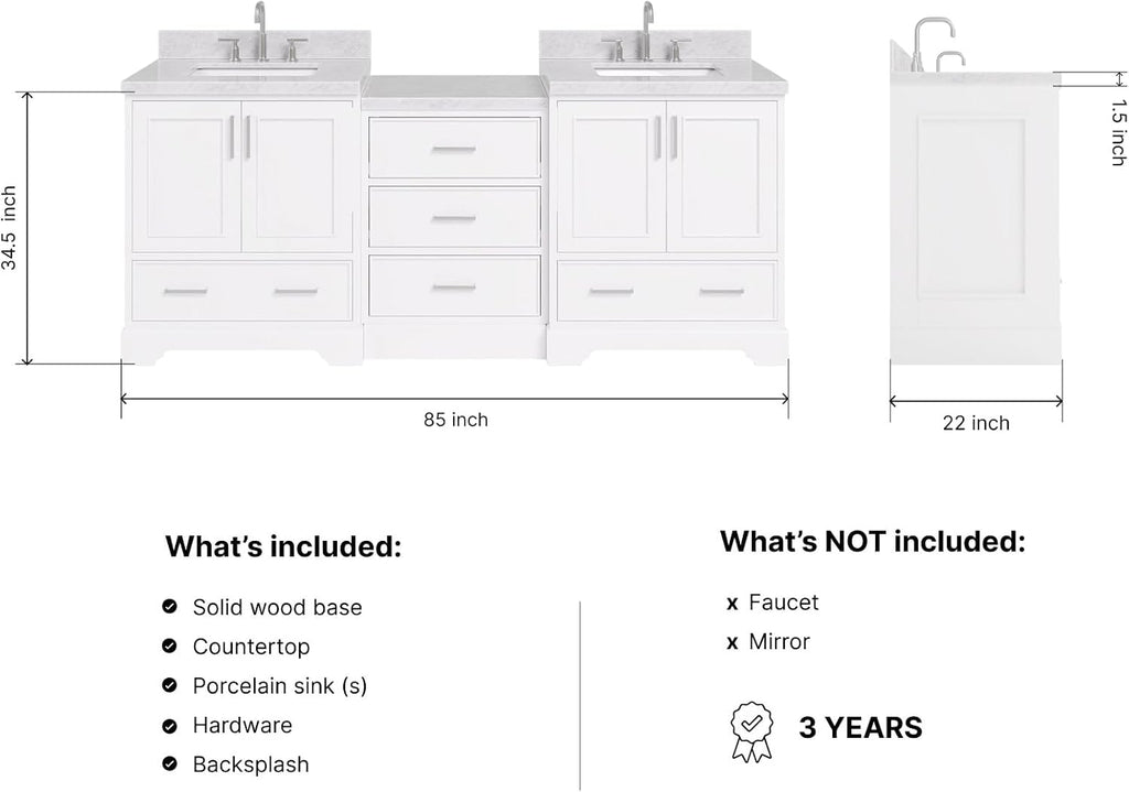 ARIEL Stafford 84-inch Bathroom Vanity with Sink,Solid Wood, 1.5in Italian Carrara Marble Countertop & Backsplash, Double Rectangular Porcelain Sink, 4 Soft Closing Doors, 5 Dovetail Drawers, White