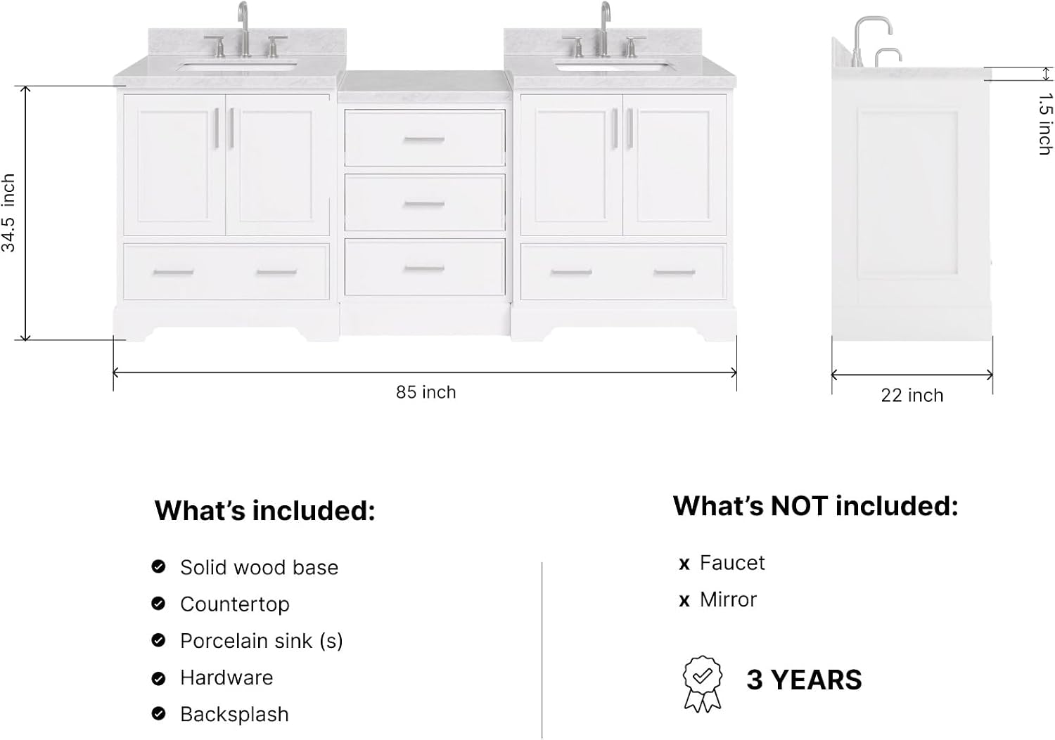 ARIEL Stafford 84-inch Bathroom Vanity with Sink,Solid Wood, 1.5in Italian Carrara Marble Countertop & Backsplash, Double Rectangular Porcelain Sink, 4 Soft Closing Doors, 5 Dovetail Drawers, White