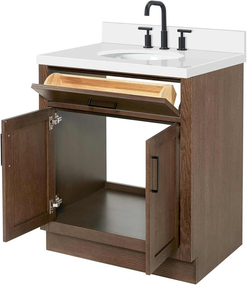 ARIEL Hepburn 30-inch Bathroom Vanity with Sink,Solid Wood, 1.5-inch Pure White Quartz Countertop & Backsplash, Single Oval Porcelain Sink, 2 Soft Closing Doors, 1 Dovetail Drawers, Brown Oak